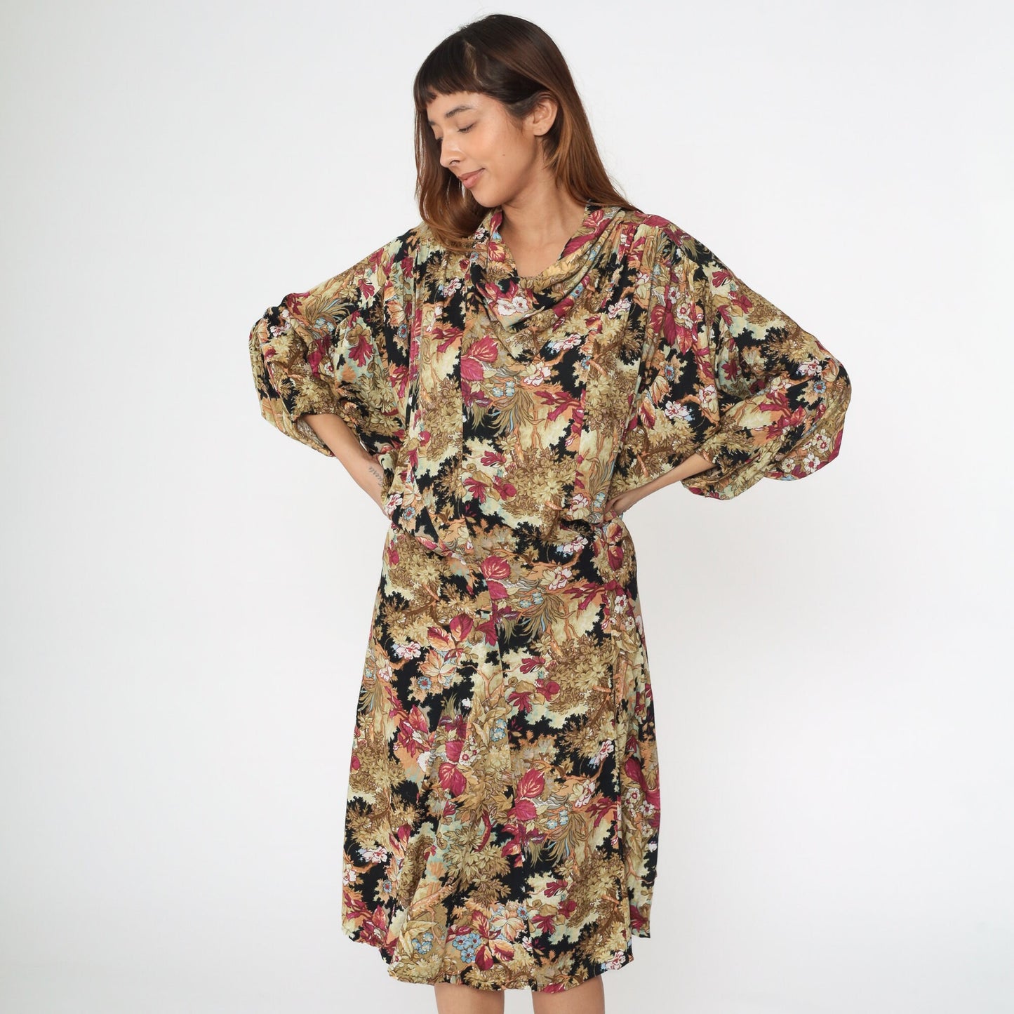 90s Floral Cowl Neck Dress Knee Length Dolman Sleeve Rayon Medium