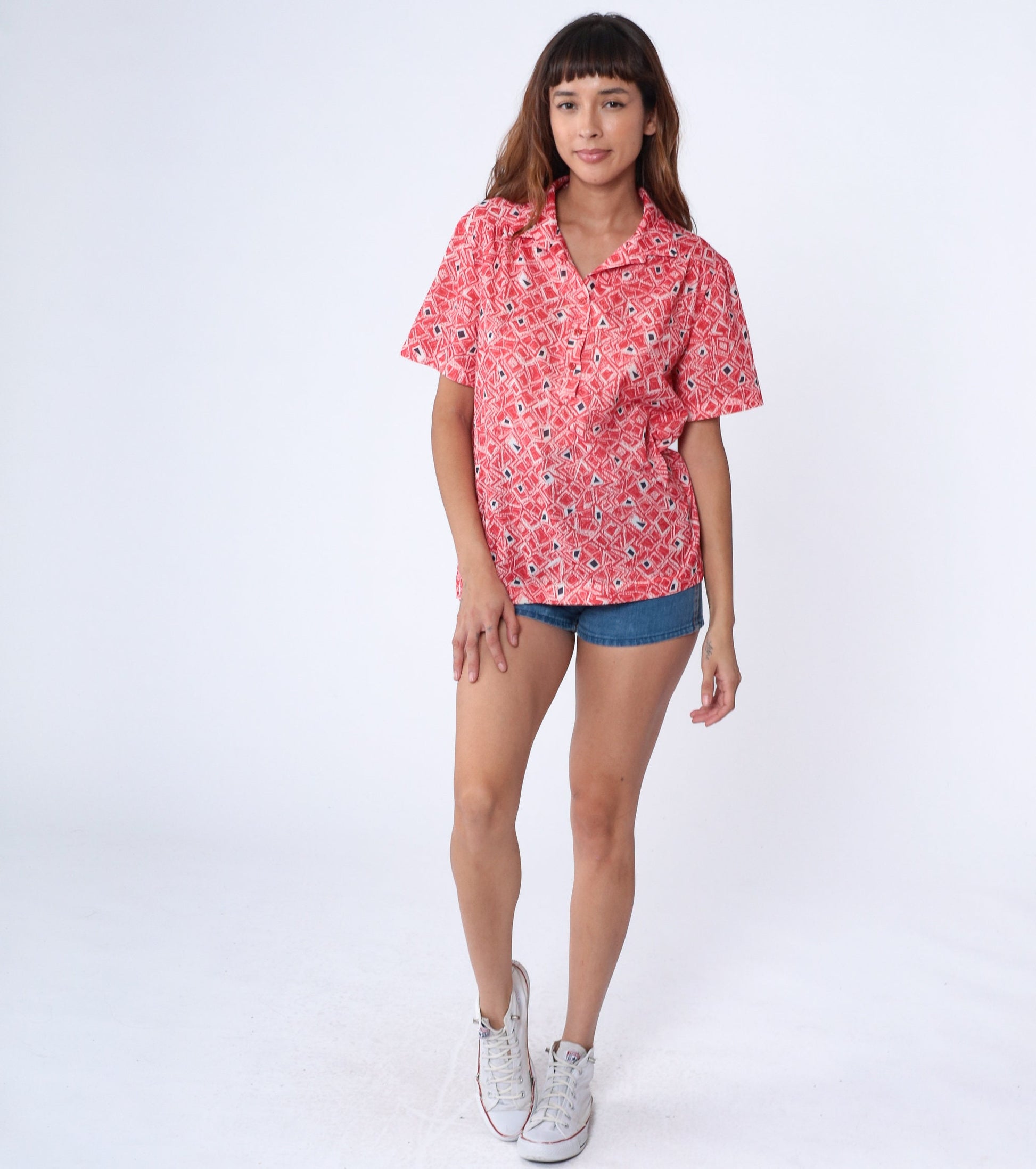 70s Geometric Print Collared Blouse Red White Psychedelic Shirt Extra Large