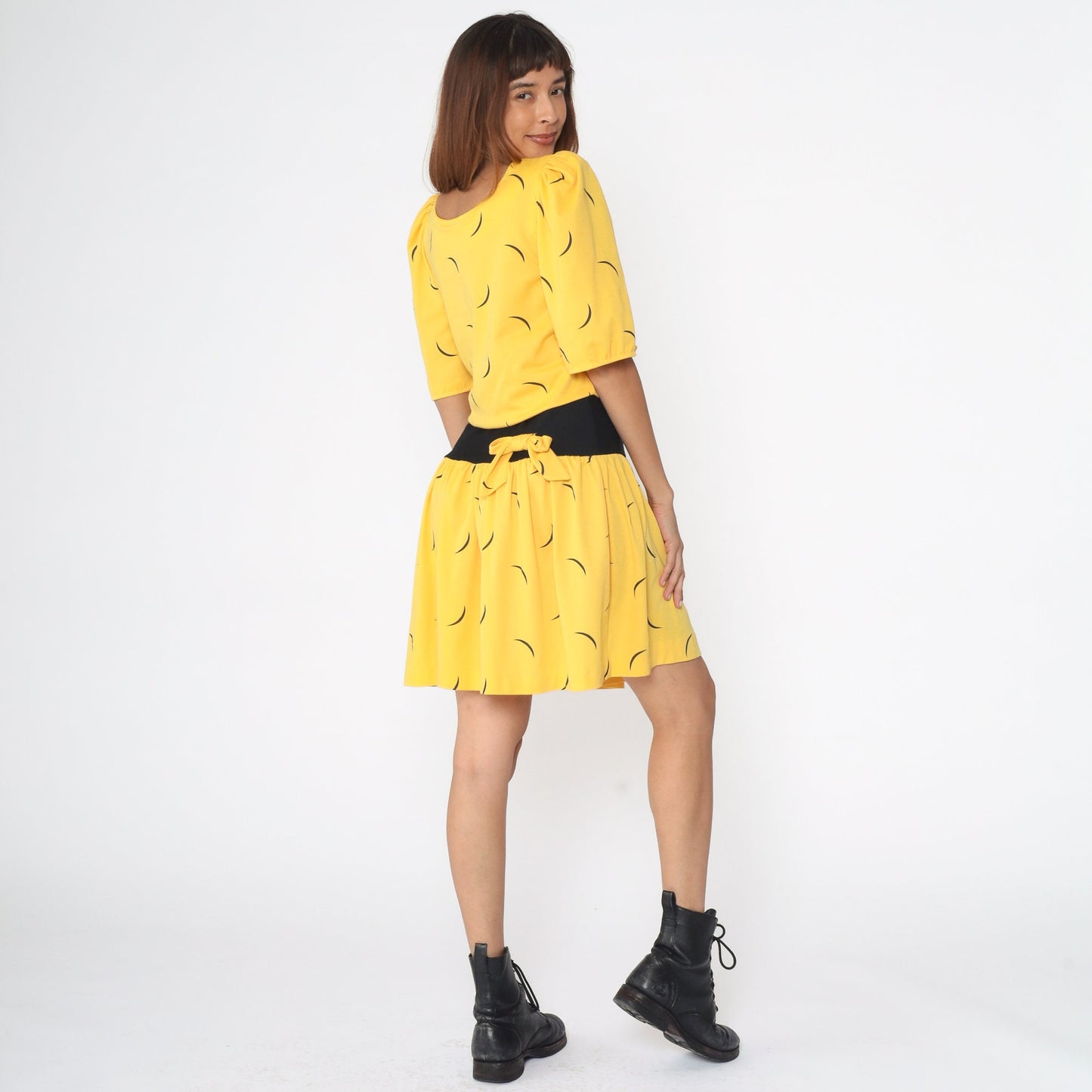 80s Yellow Black Abstract Line Print Mini Dress Tie Waist Small