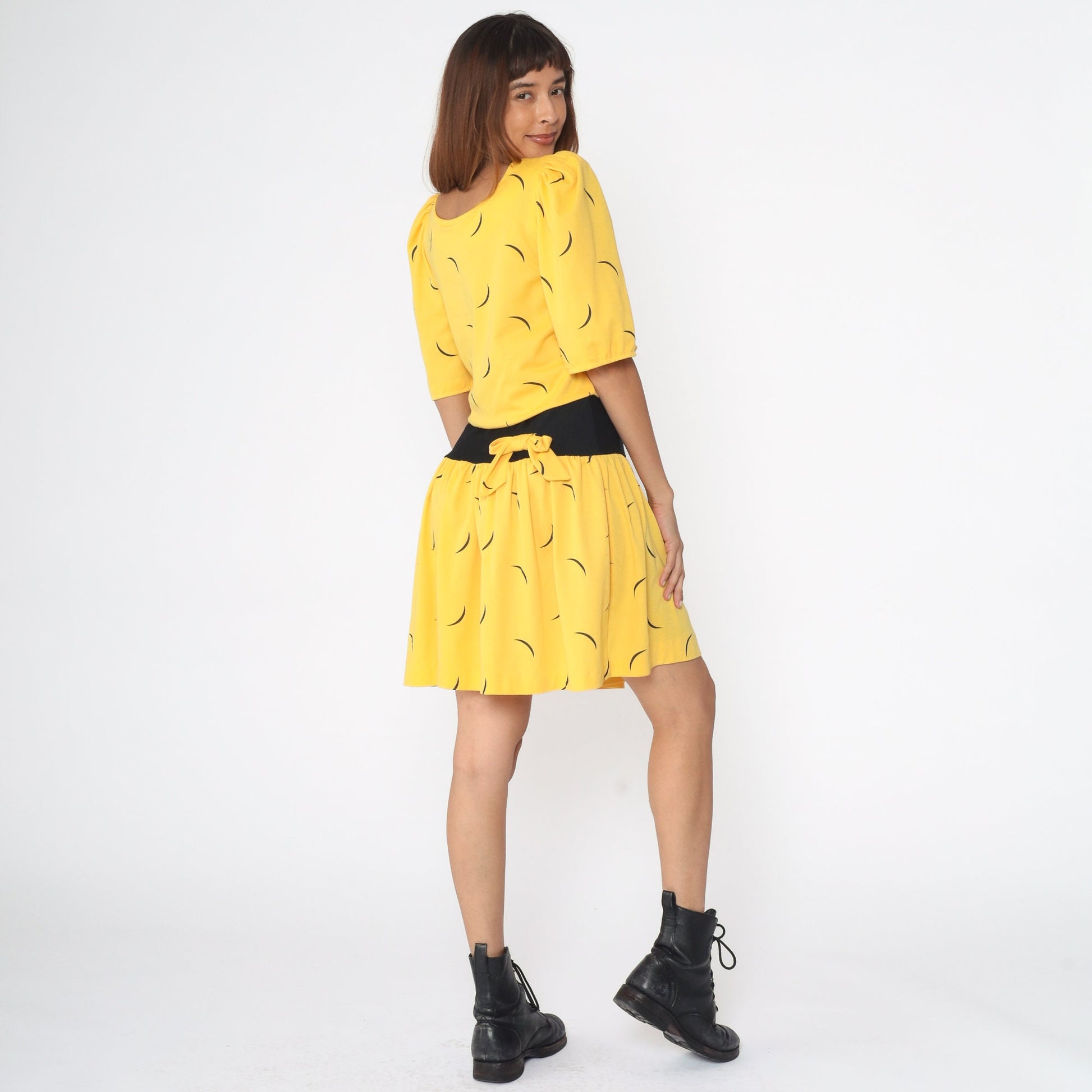 80s Yellow Black Abstract Line Print Mini Dress Tie Waist Small