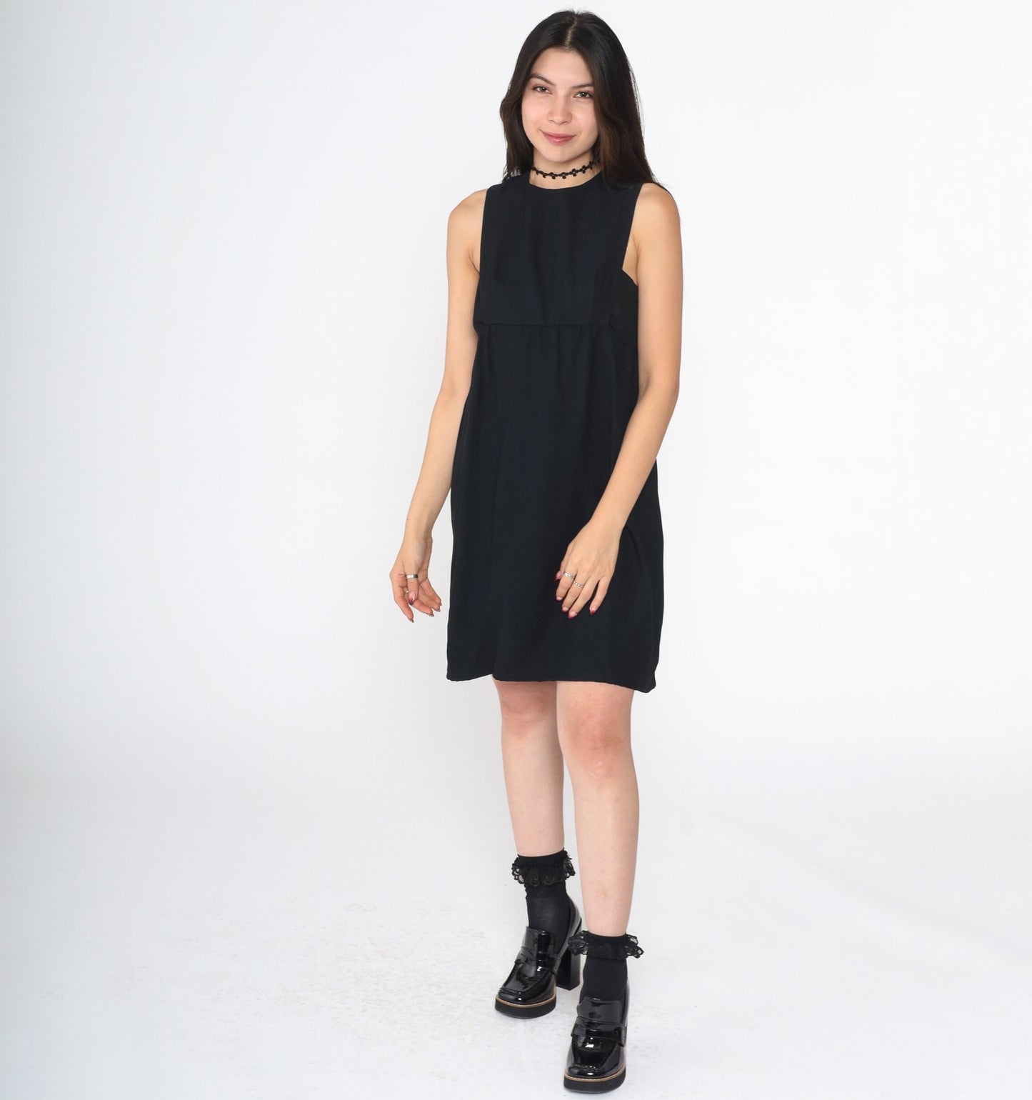 60s Black Mini Shift Dress Keyhole Back Empire Waist Sleeveless Small