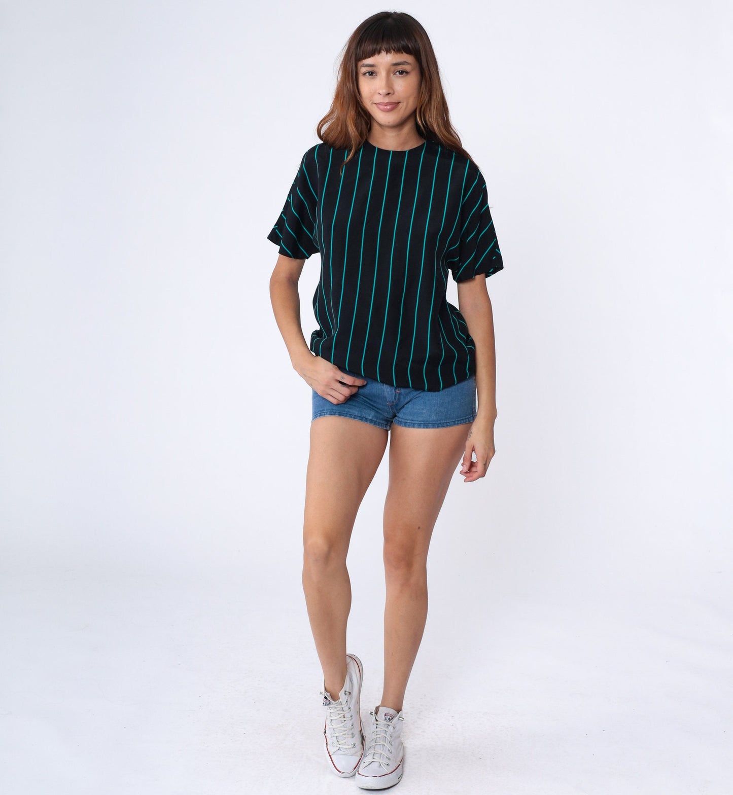 80s Black Striped Rayon Blouse Turquoise Short Sleeve Button Back Medium