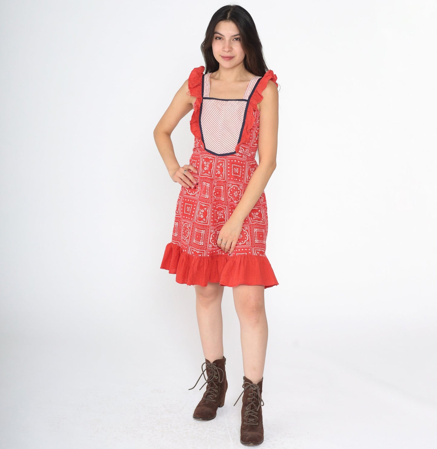 70s Red Bandana Print Mini Sundress Chevron Bib Tie-Back Sleeveless 2XS
