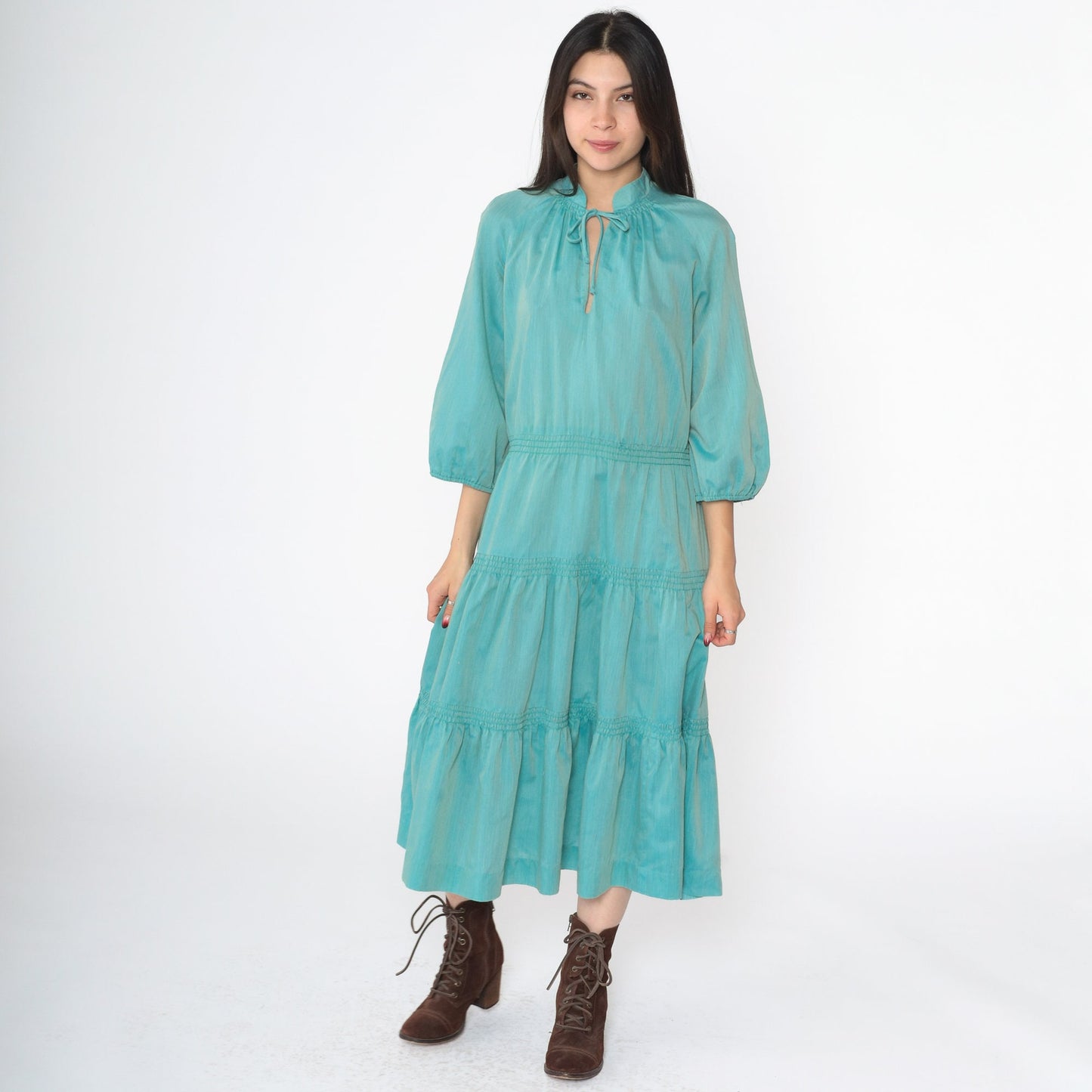 60s Peasant Midi Dress Aqua Blue Keyhole Mandarin Collar Tiered Raglan Medium Large