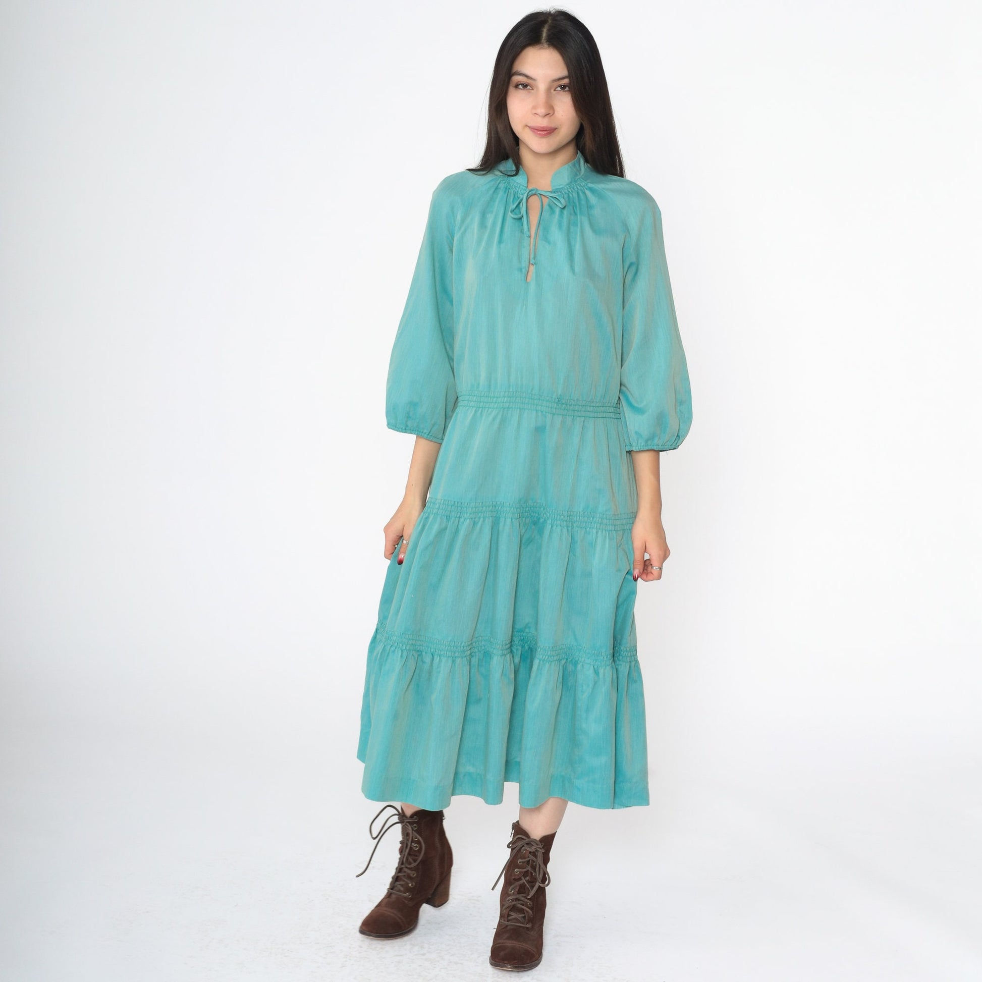 60s Peasant Midi Dress Aqua Blue Keyhole Mandarin Collar Tiered Raglan Medium Large