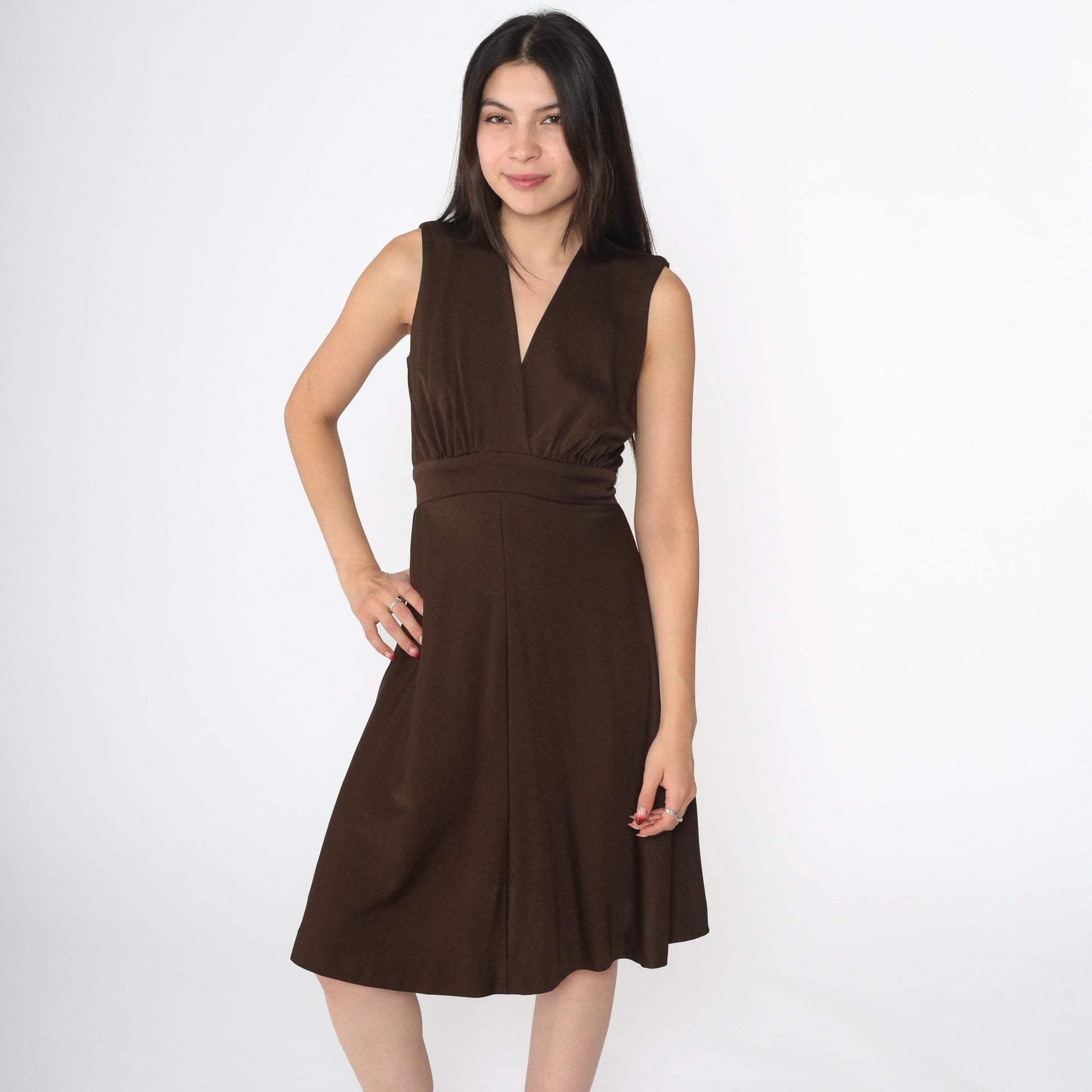 70s Miss Elliette Wrap Dress Brown Surplice Midi Sleeveless Small