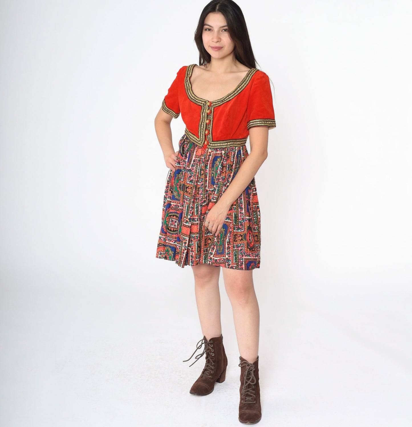 60s Velvet Mini Dress Orange Gold Trim Psychedelic Medallion Empire Waist Small