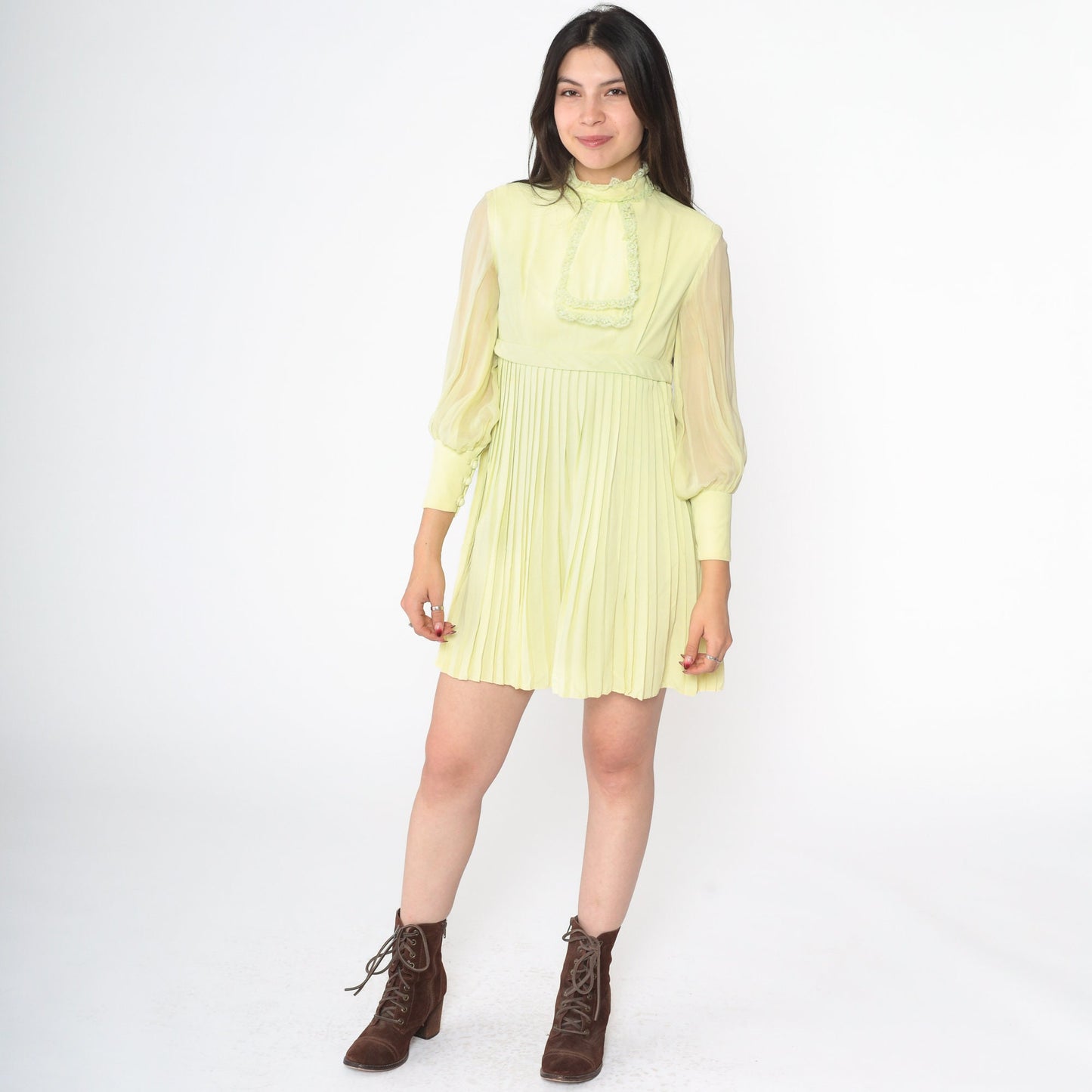60s Lime Green Mini Dress Empire Waist Pleated Chiffon Sleeve Extra Small