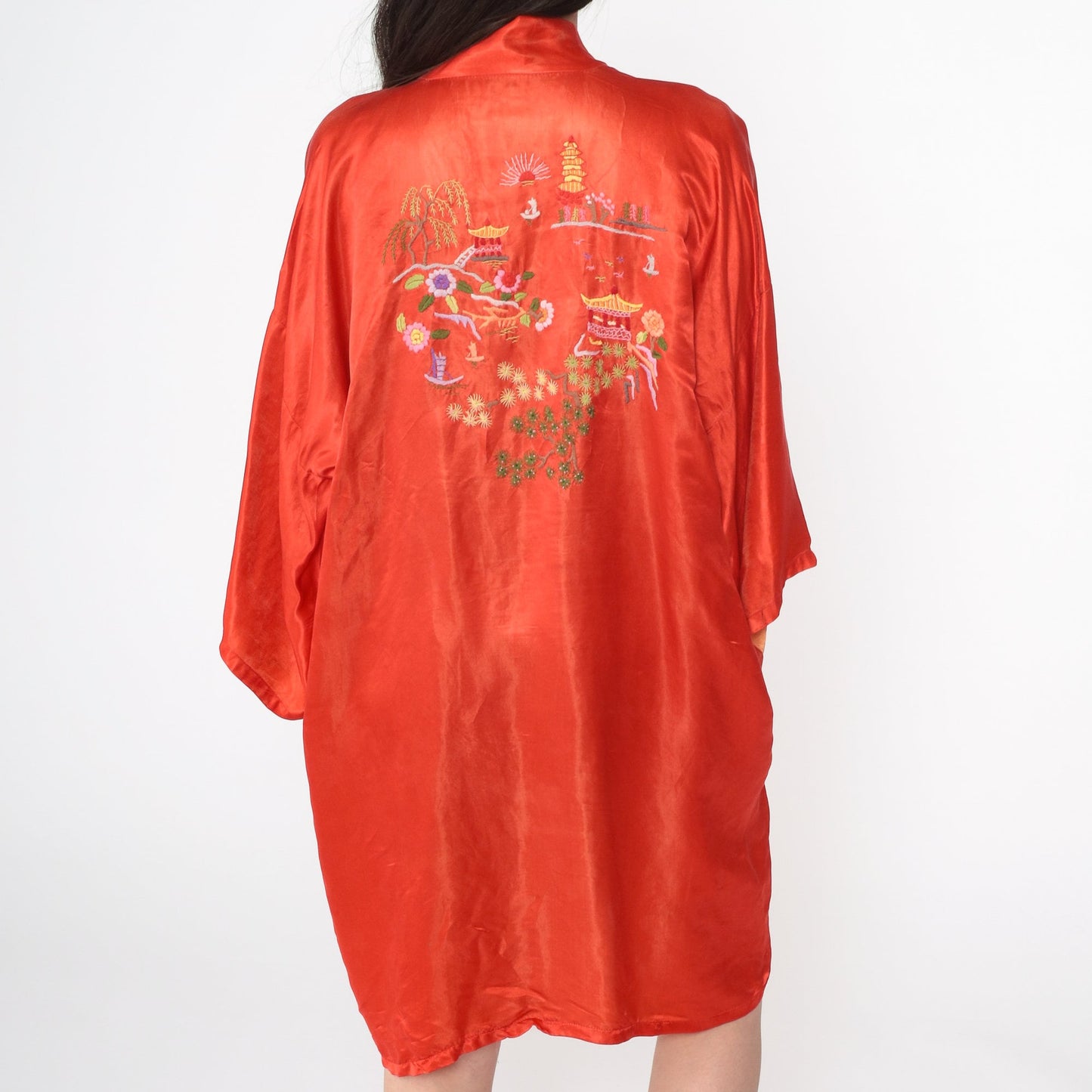 80s Red Silk Kimono Robe Embroidered Pagoda Trees Open Front Small