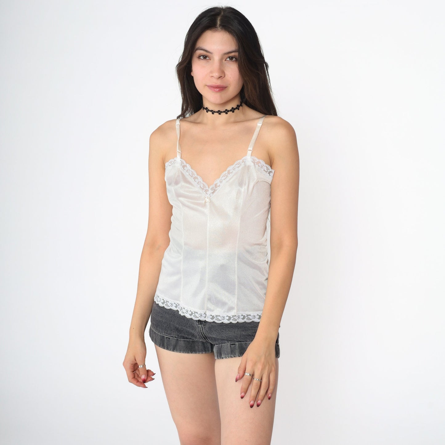 80s White Nylon Camisole Lace Trim Spaghetti Strap Tank Small