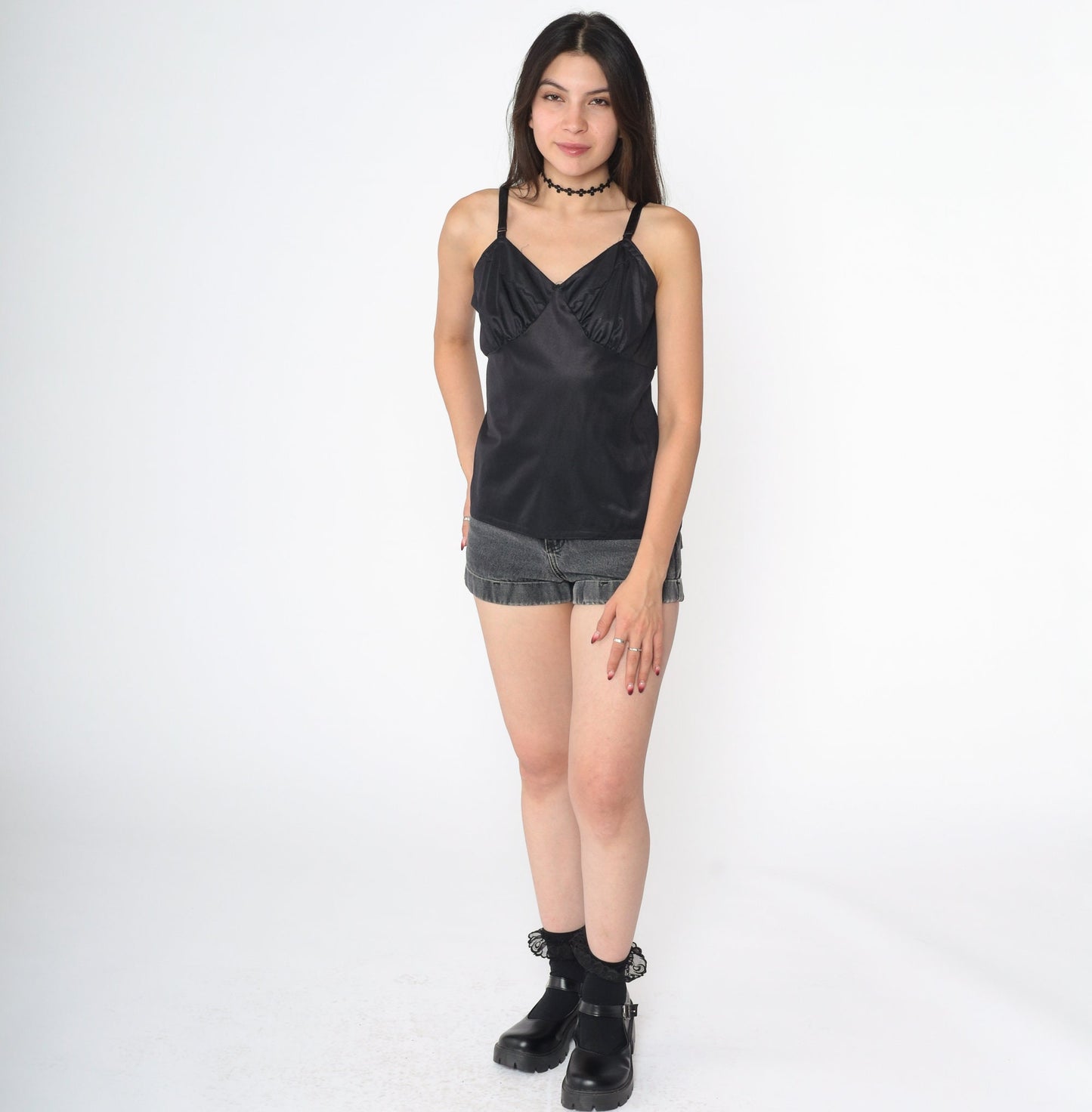 80s Black Nylon Camisole Empire Waist Spaghetti Strap Tank Medium
