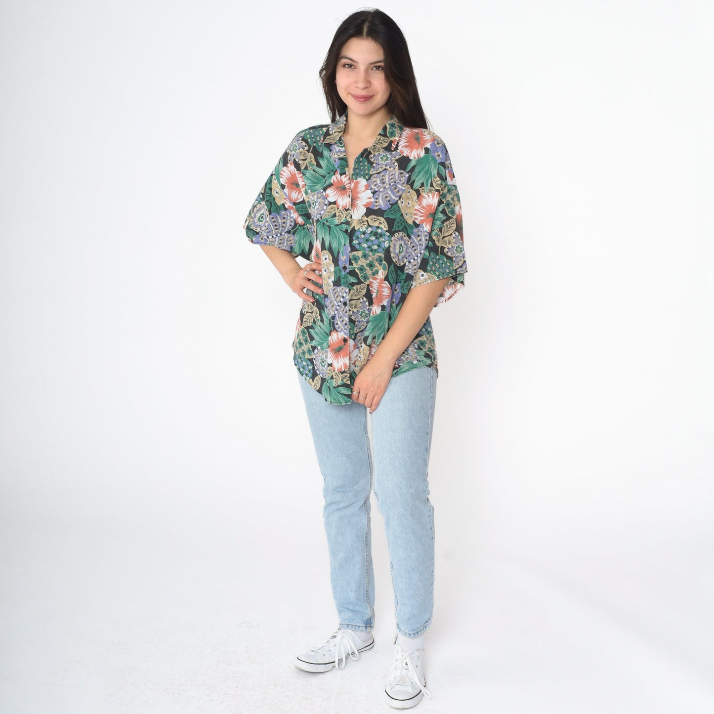 90s Tropical Floral Button Up Blouse Short Sleeve Blue Plus Size 18W