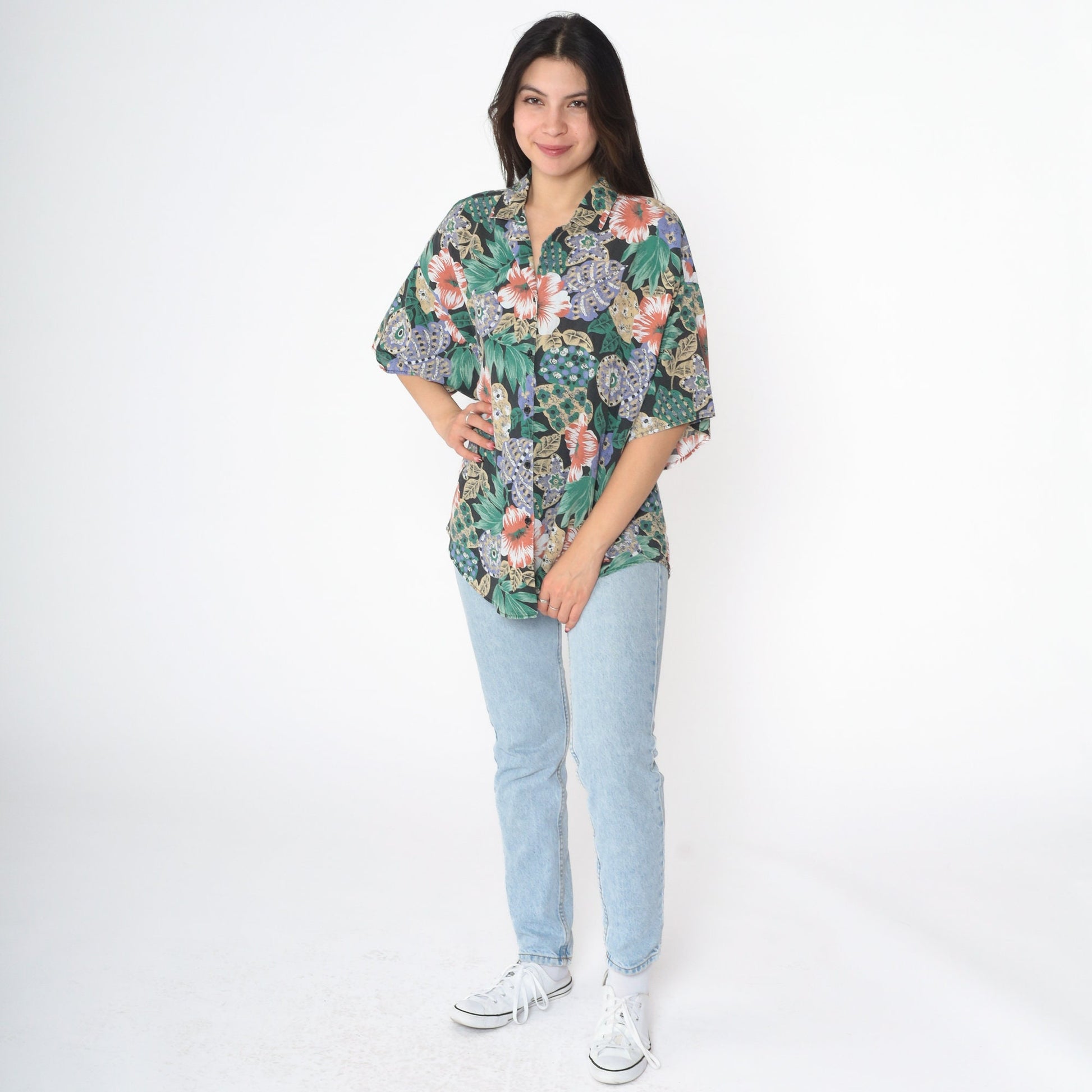 90s Tropical Floral Button Up Blouse Short Sleeve Blue Plus Size 18W