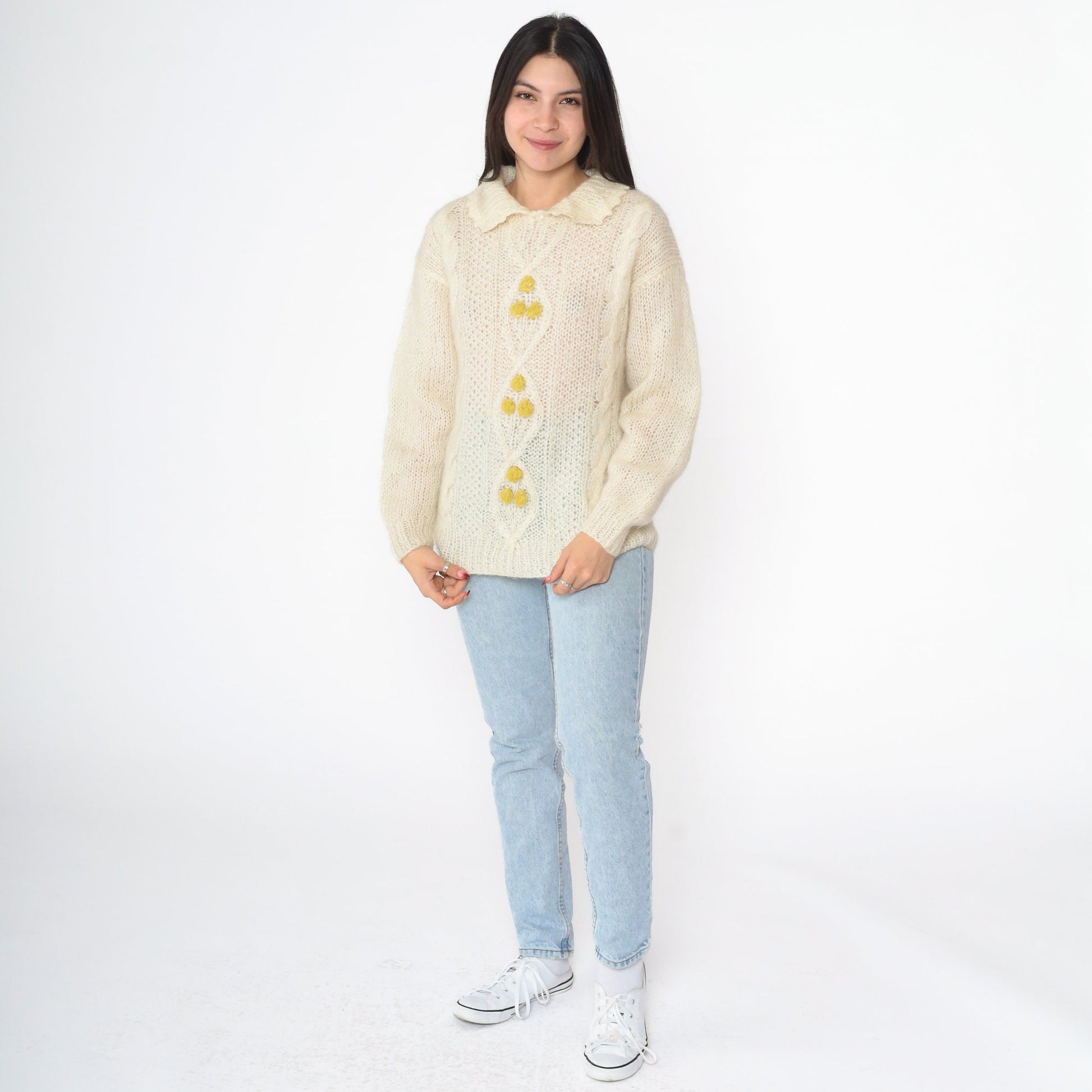 80s Cream Cable Knit Sweater Sheer Open Weave Collared Pullover Medium