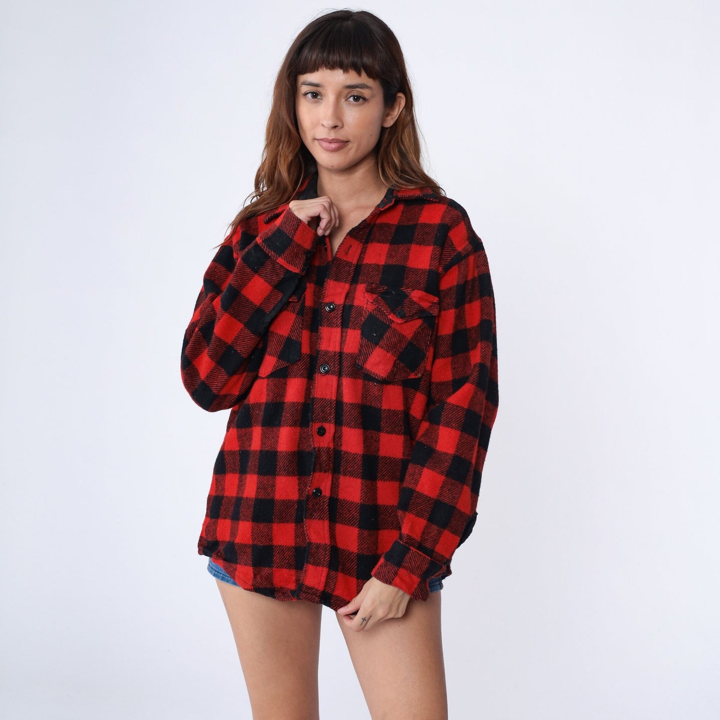 70s Buffalo Plaid Wool Shirt Red Black Lumberjack CPO Jacket Large L
