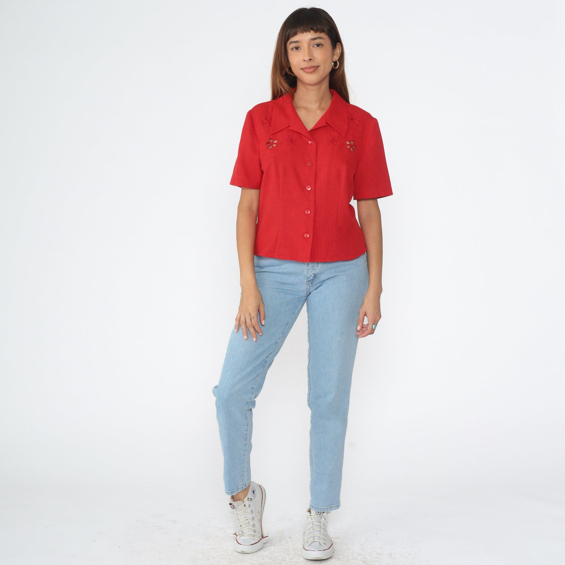 90s Red Floral Embroidered Cutout Button-Up Blouse Short Sleeve Medium