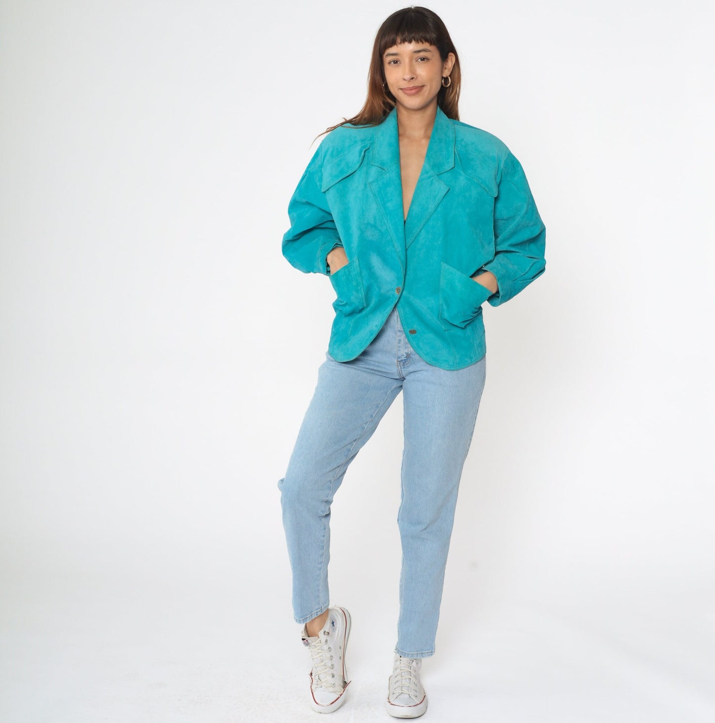 80s Turquoise Suede Leather Blazer V-Neck Shoulder Jacket Small