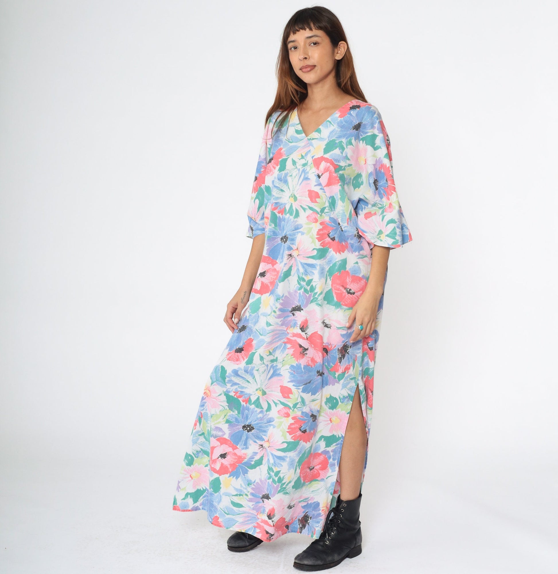 80s Floral Maxi Dress White Watercolor Surplice V-Neck 3/4 Sleeve Medium