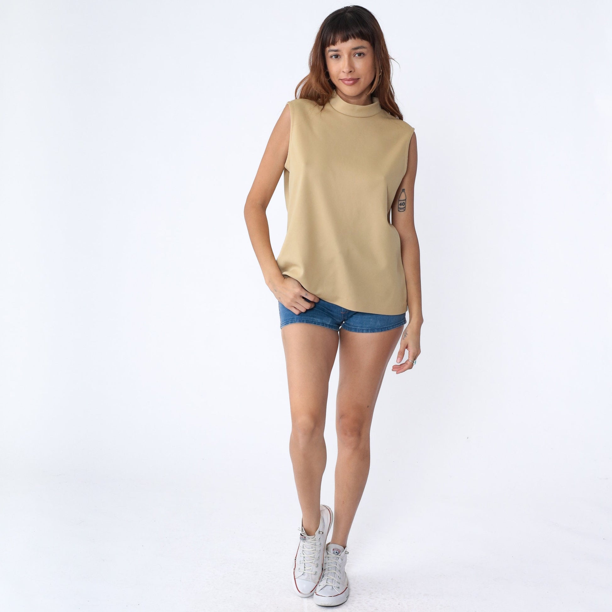 70s Beige Mock Neck Tank Top Sleeveless Blouse Large L