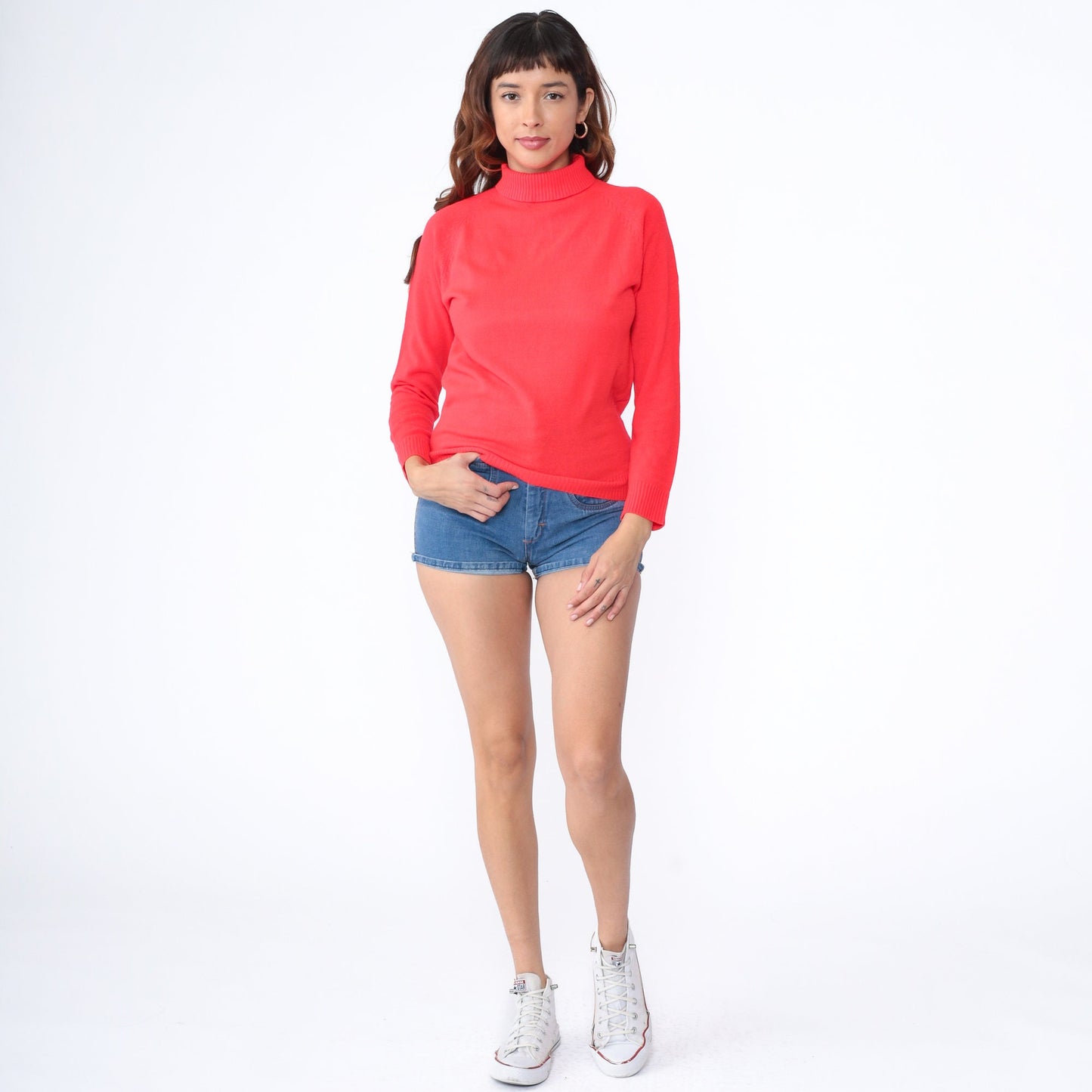 70s Full Fashions Red Turtleneck Raglan Sweater Rear Zipper Small