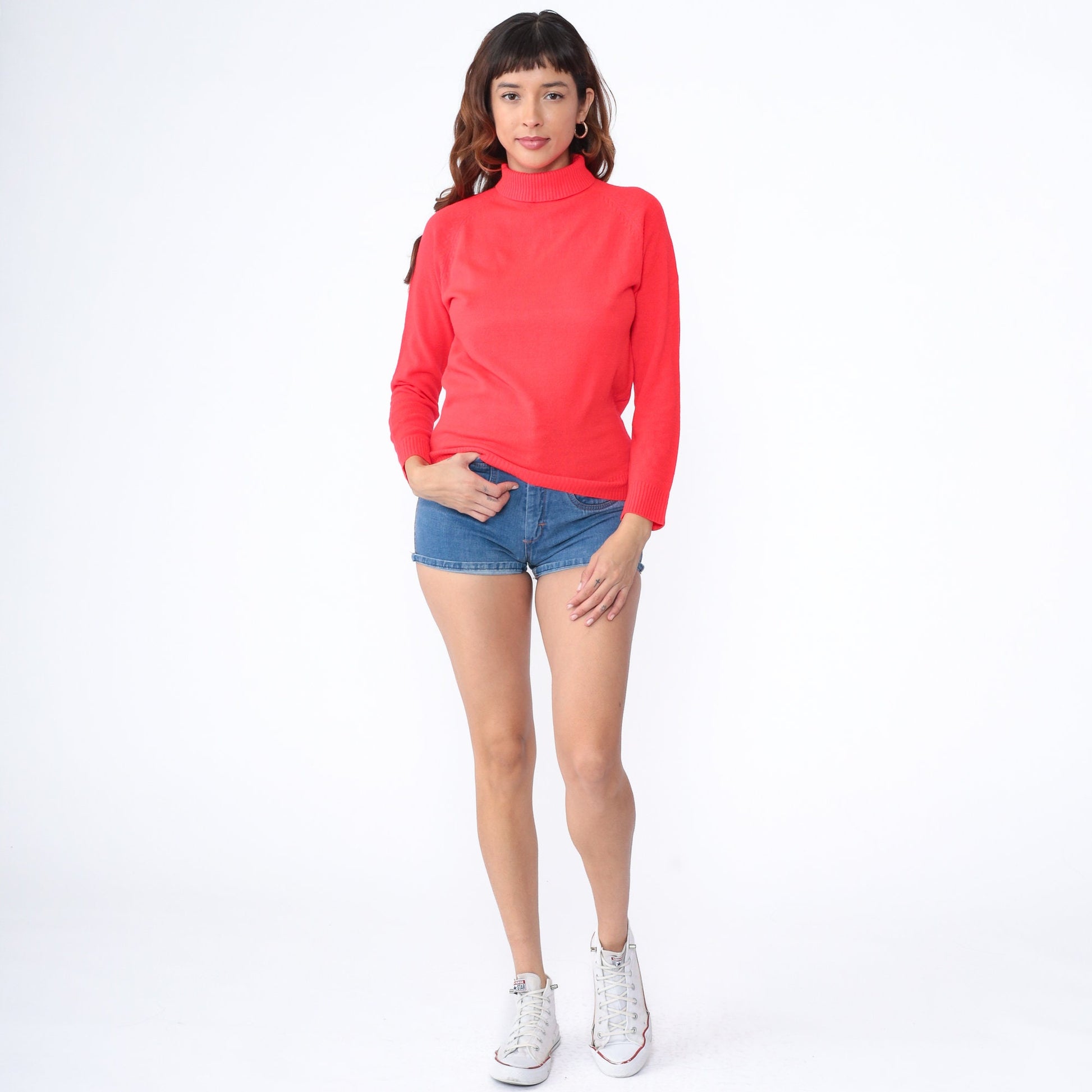 70s Full Fashions Red Turtleneck Raglan Sweater Rear Zipper Small