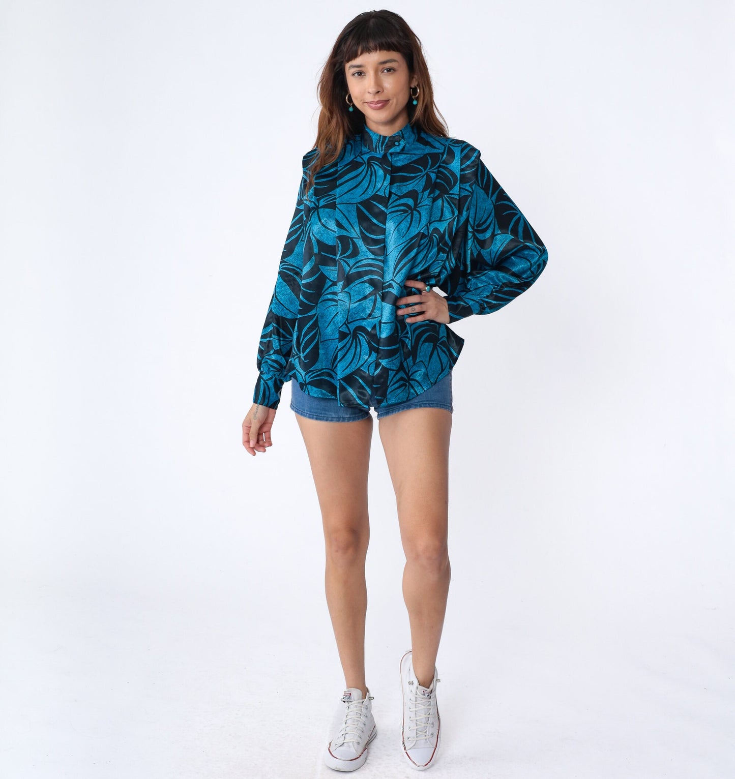 80s Leaf Print Blouse Black Blue Mock Neck Pleated Balloon Sleeve Large