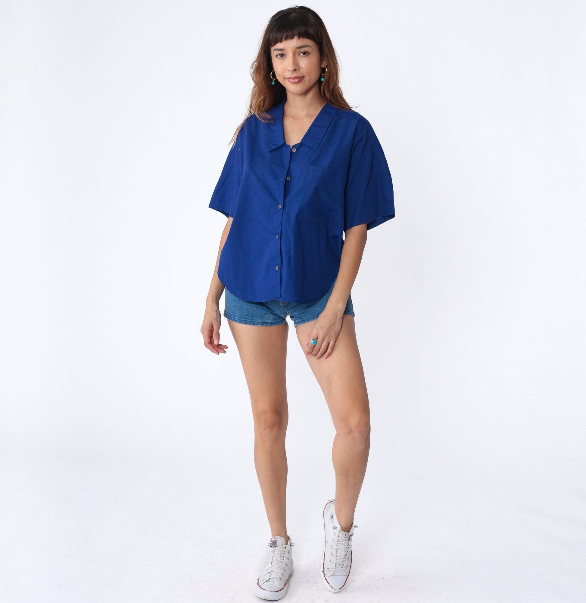 80s Royal Blue Button-Up Blouse Short Sleeve Chest Pocket Collared Large L