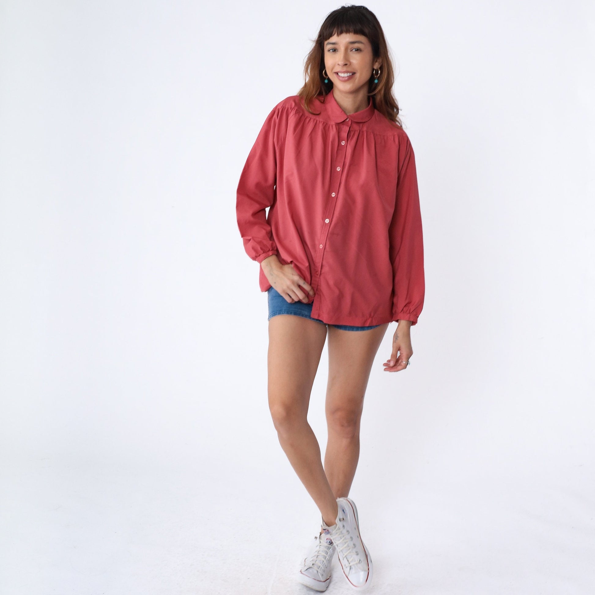 70s Dark Coral Pink Button-Up Blouse Peter Pan Collar Long Sleeve Medium