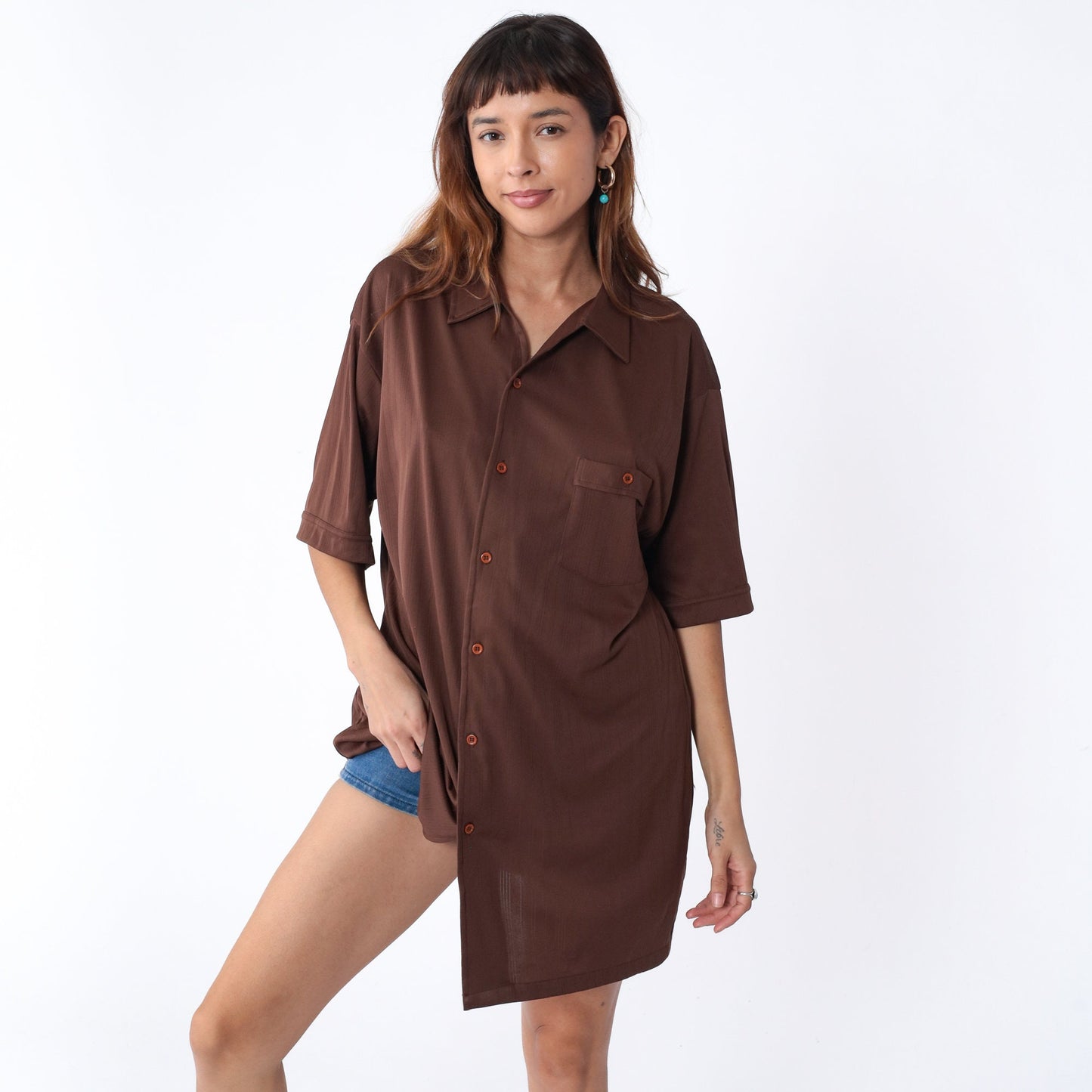 70s Bert's Big & Tall Brown Button-Up Shirt Short Sleeve Collared Men's XL Tall