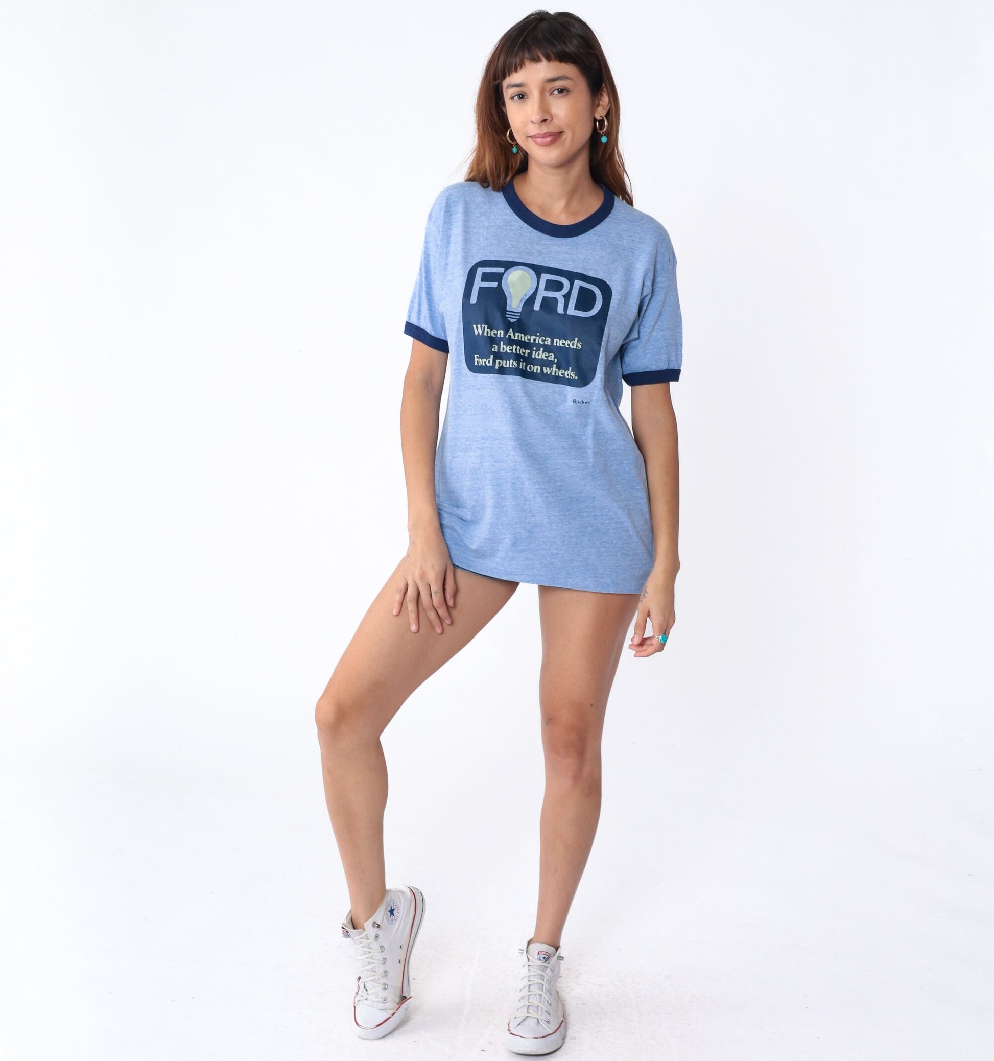 80s Ford Graphic Ringer Tee Blue Single Stitch T-Shirt Medium