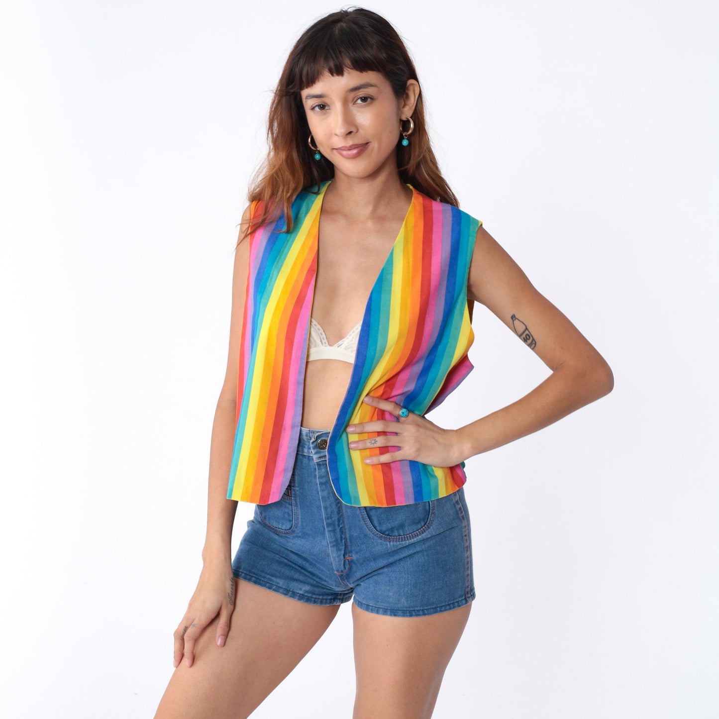 70s Rainbow Stripe Open Front Vest Sleeveless Top Medium