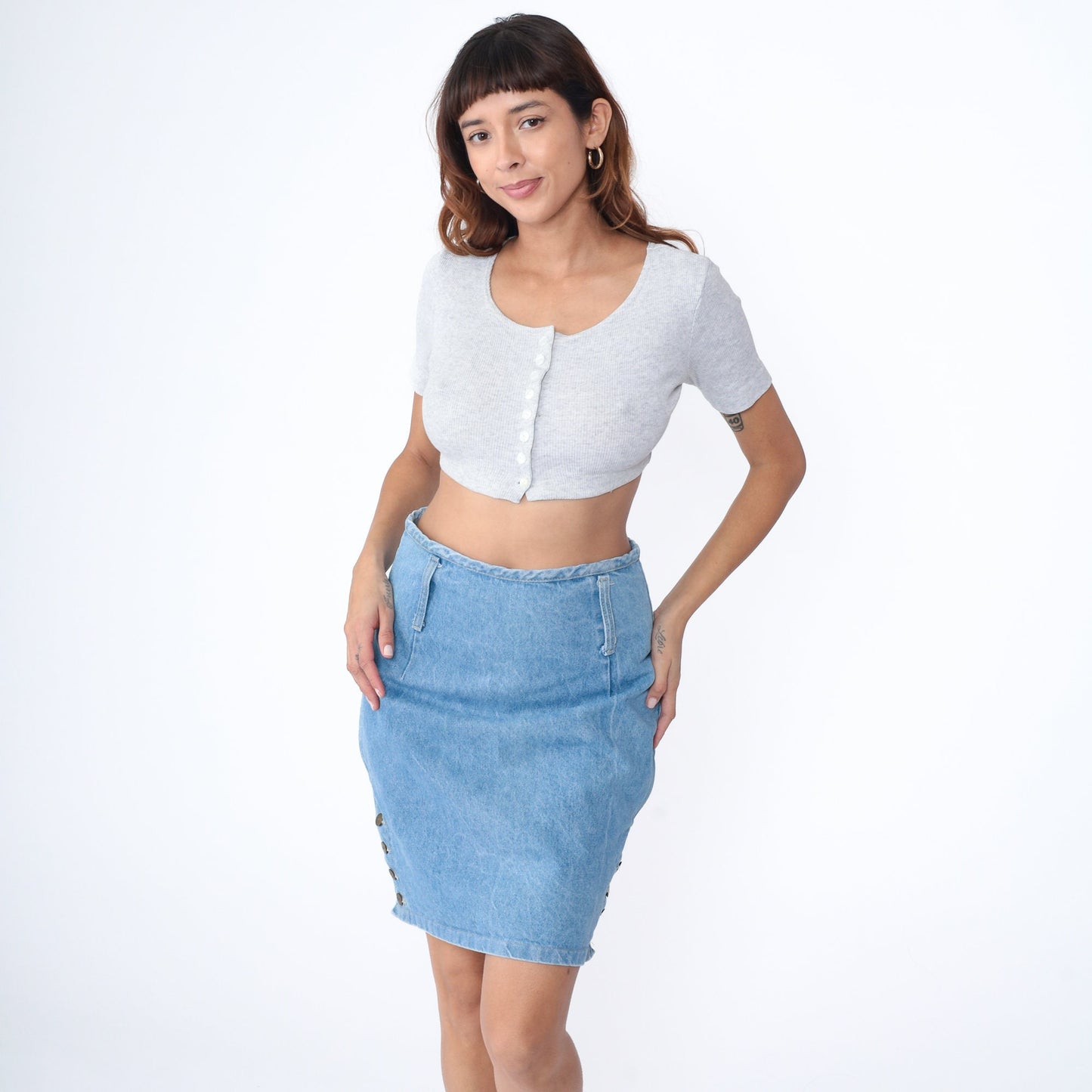 90s Blue Denim Mini Skirt High Waist Pencil Cut Side Button Medium