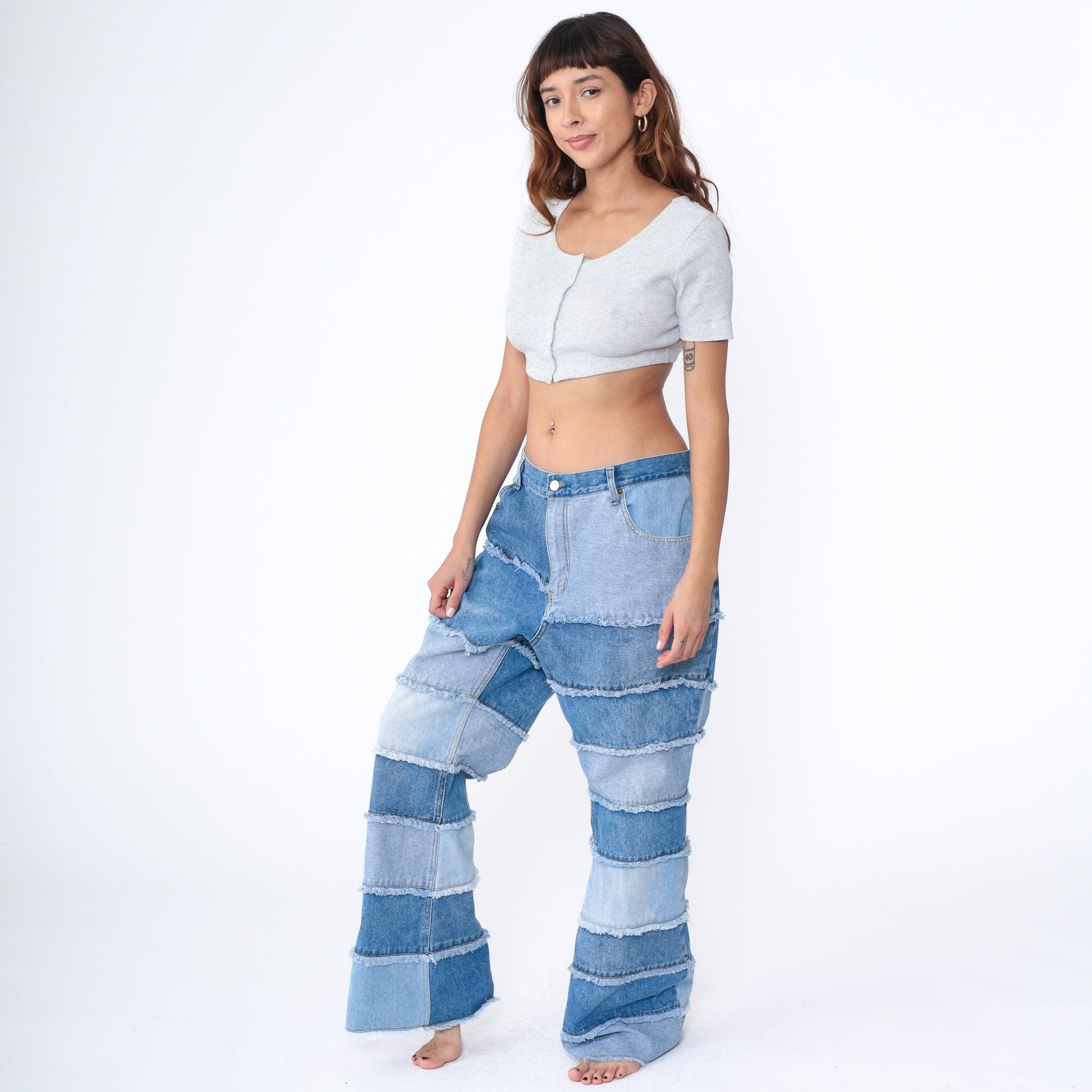 Y2K Zana Di Patchwork Bell Bottom Jeans Blue Denim Plus Size 20
