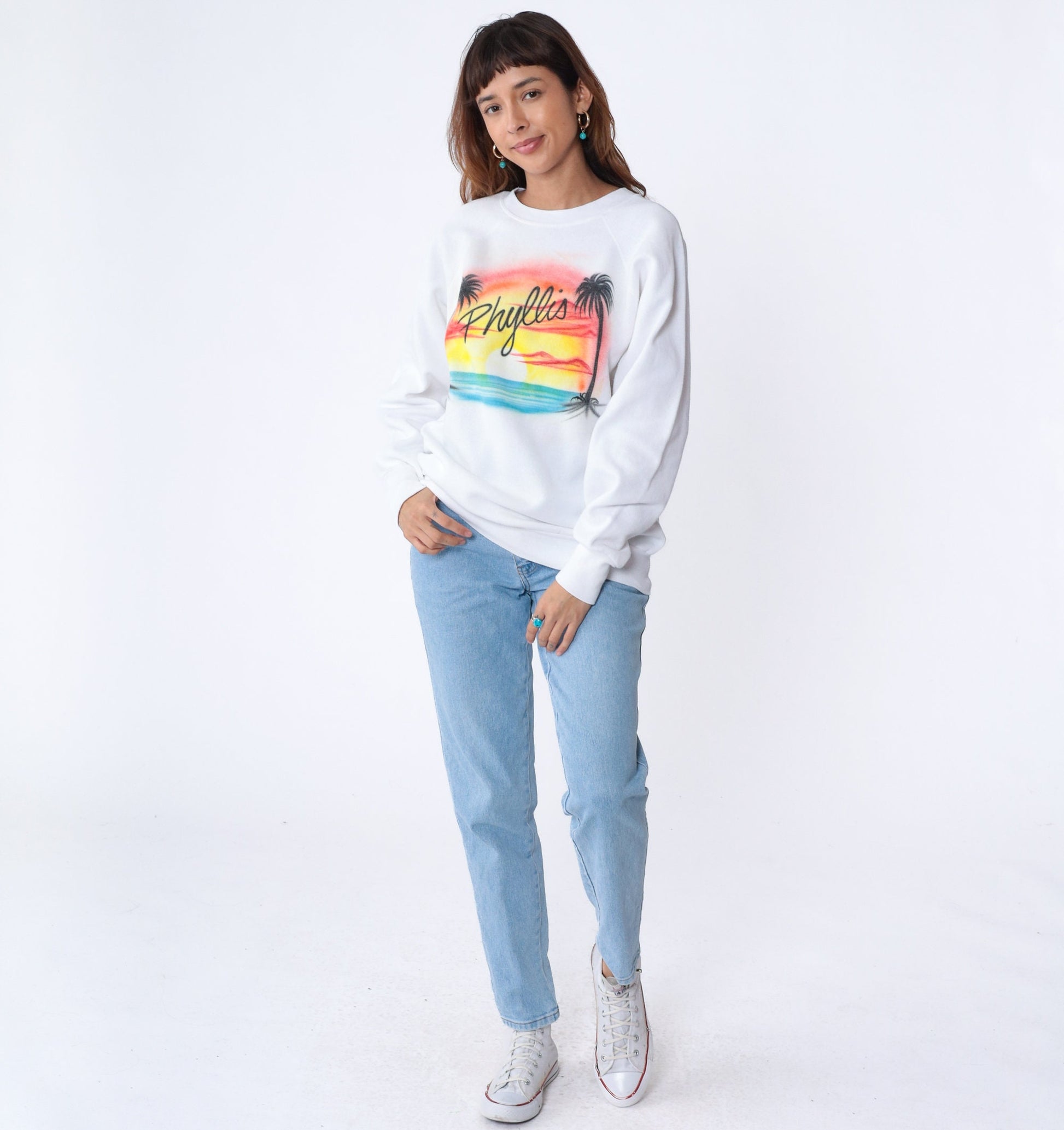80s Phyllis Tropical Sunset Airbrush Sweatshirt White Raglan XL