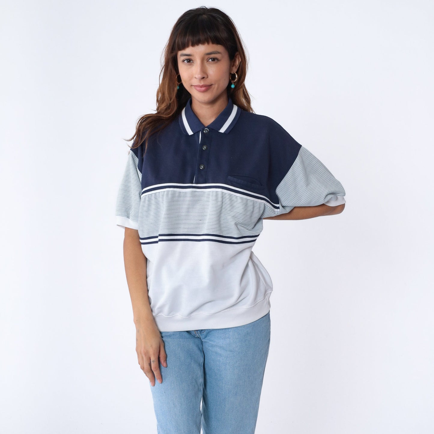 90s Striped Polo Shirt White Navy Blue Banded Hem Chest Pocket Extra Large XL
