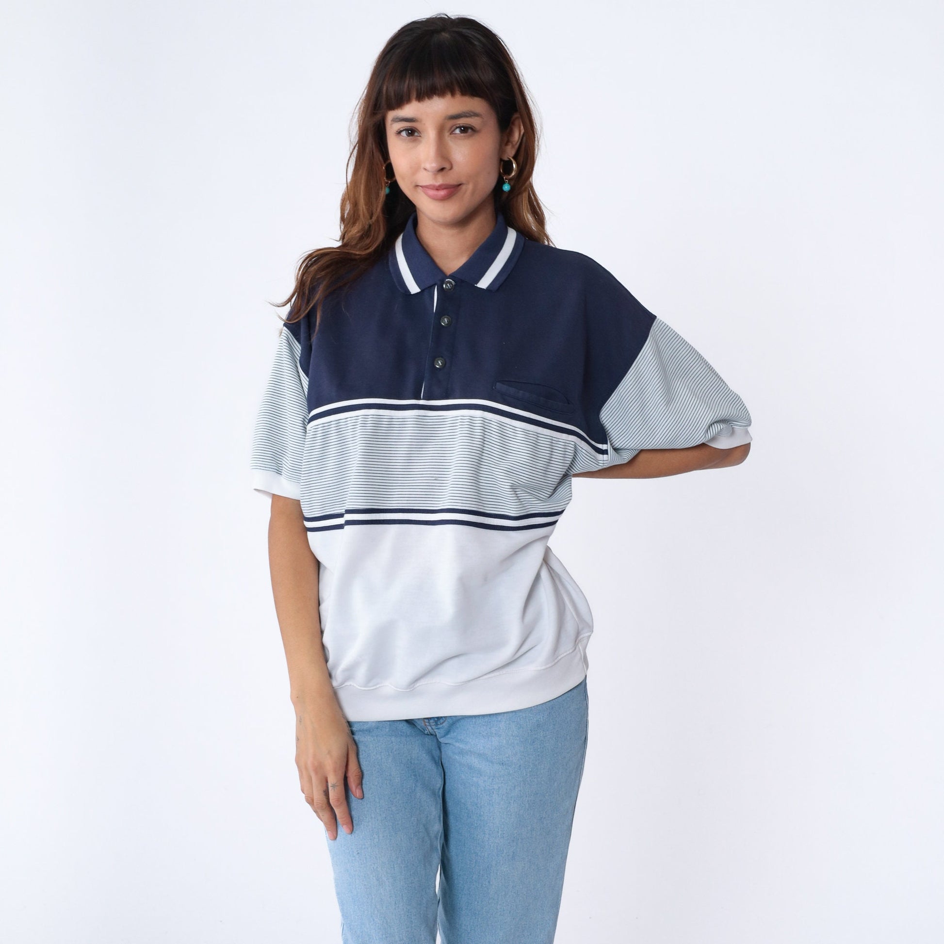 90s Striped Polo Shirt White Navy Blue Banded Hem Chest Pocket Extra Large XL