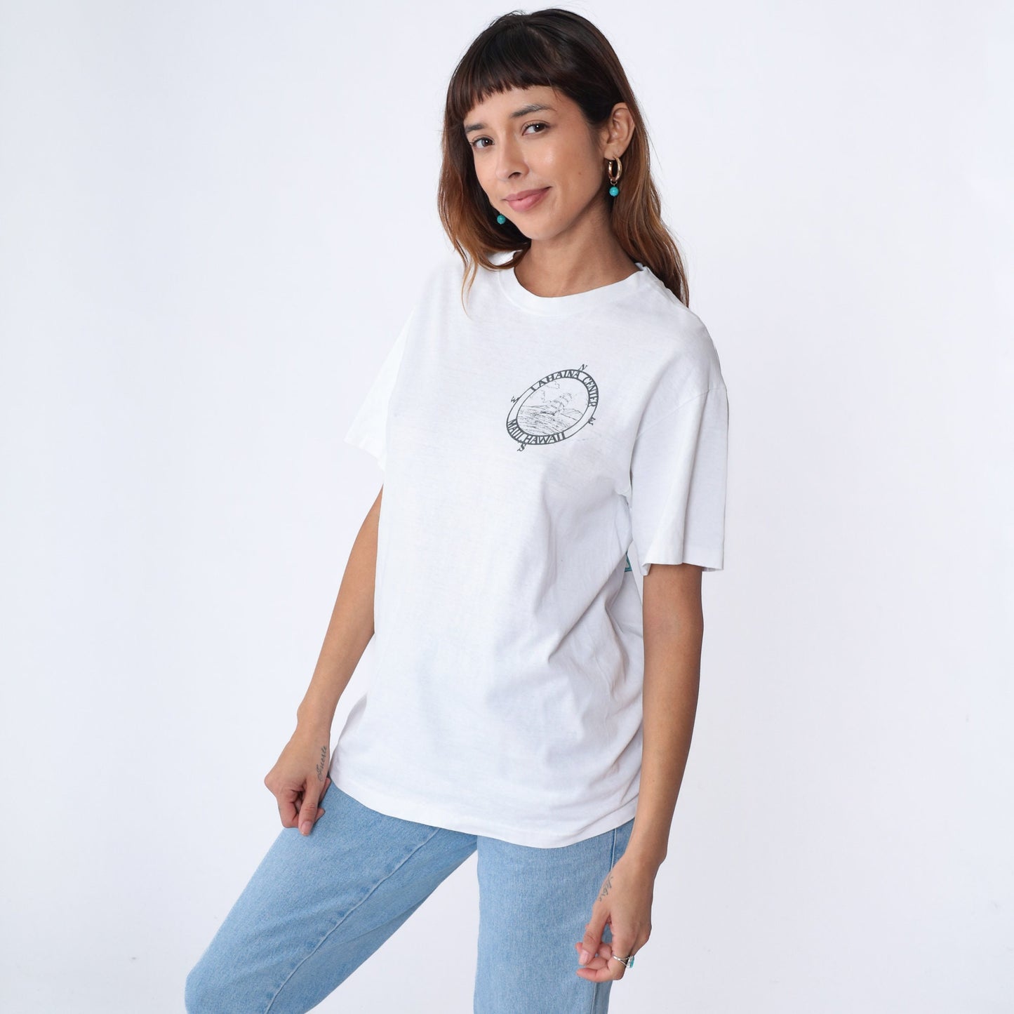 90s Lahaina Center Hawaii Graphic T-Shirt Wooden Ship Compass White Cotton Medium