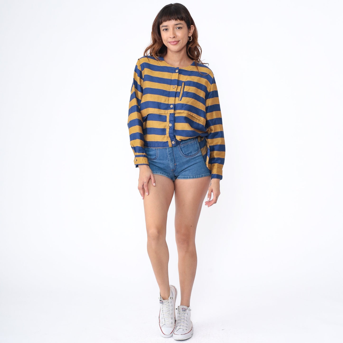 80s Striped Linen Cotton Blouse Blue Mustard Button Up Long Sleeve Large