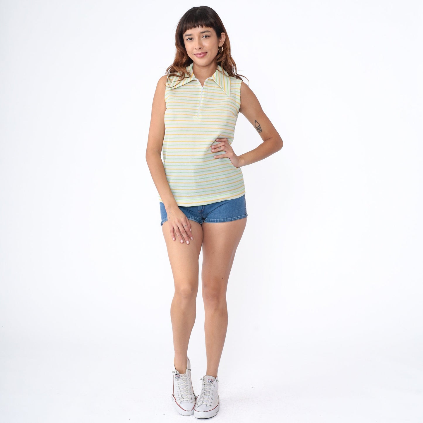 70s Striped Sleeveless Blouse Zip Collar White Yellow Lime Green Small