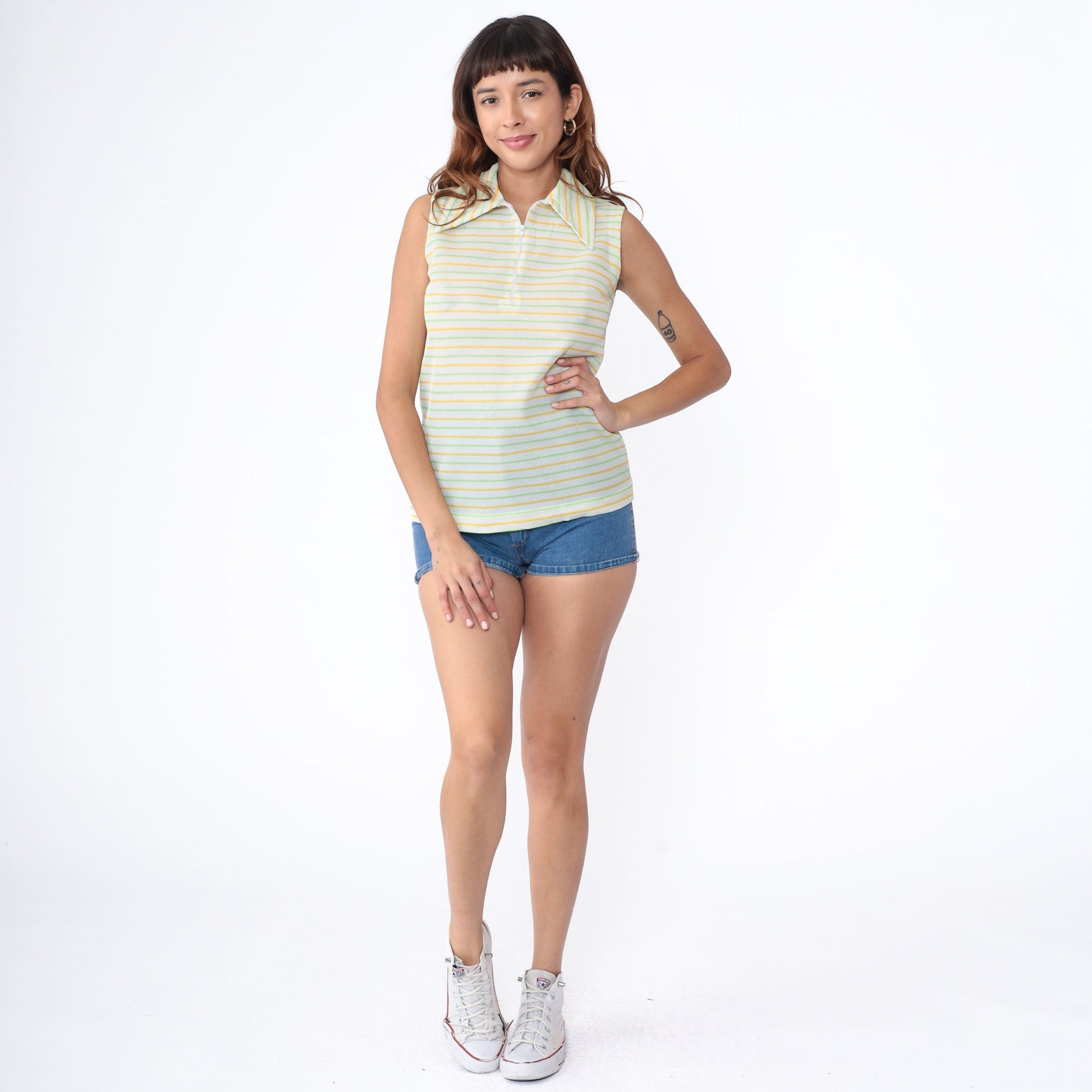 70s Striped Sleeveless Blouse Zip Collar White Yellow Lime Green Small