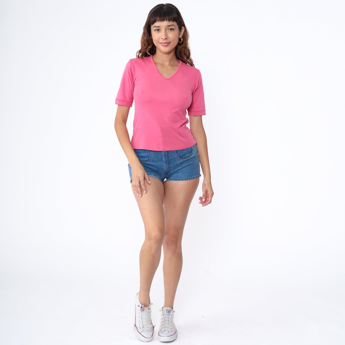 80s Bright Pink V-Neck T-Shirt Single Stitch Short Sleeve Small S