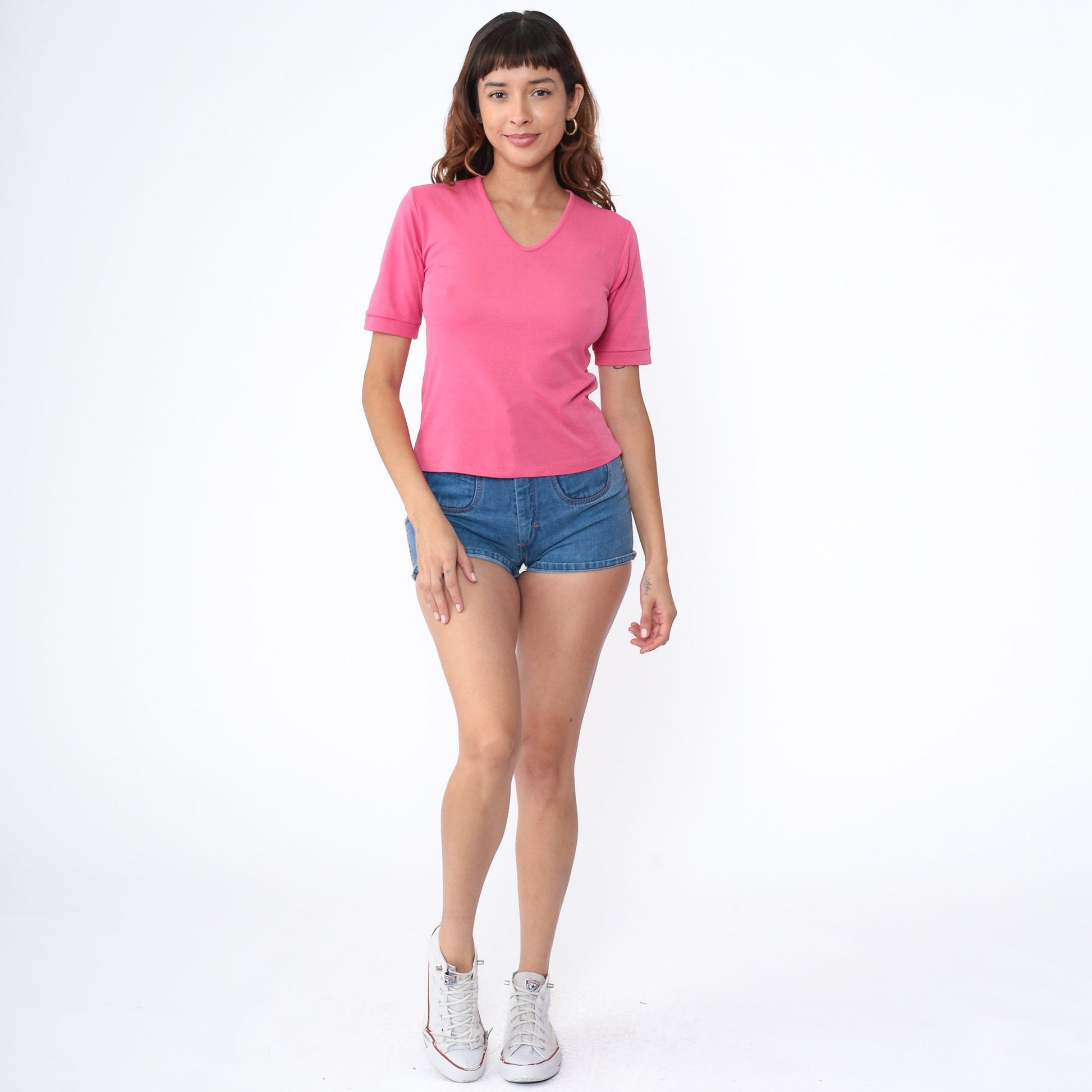 80s Bright Pink V-Neck T-Shirt Single Stitch Short Sleeve Small S