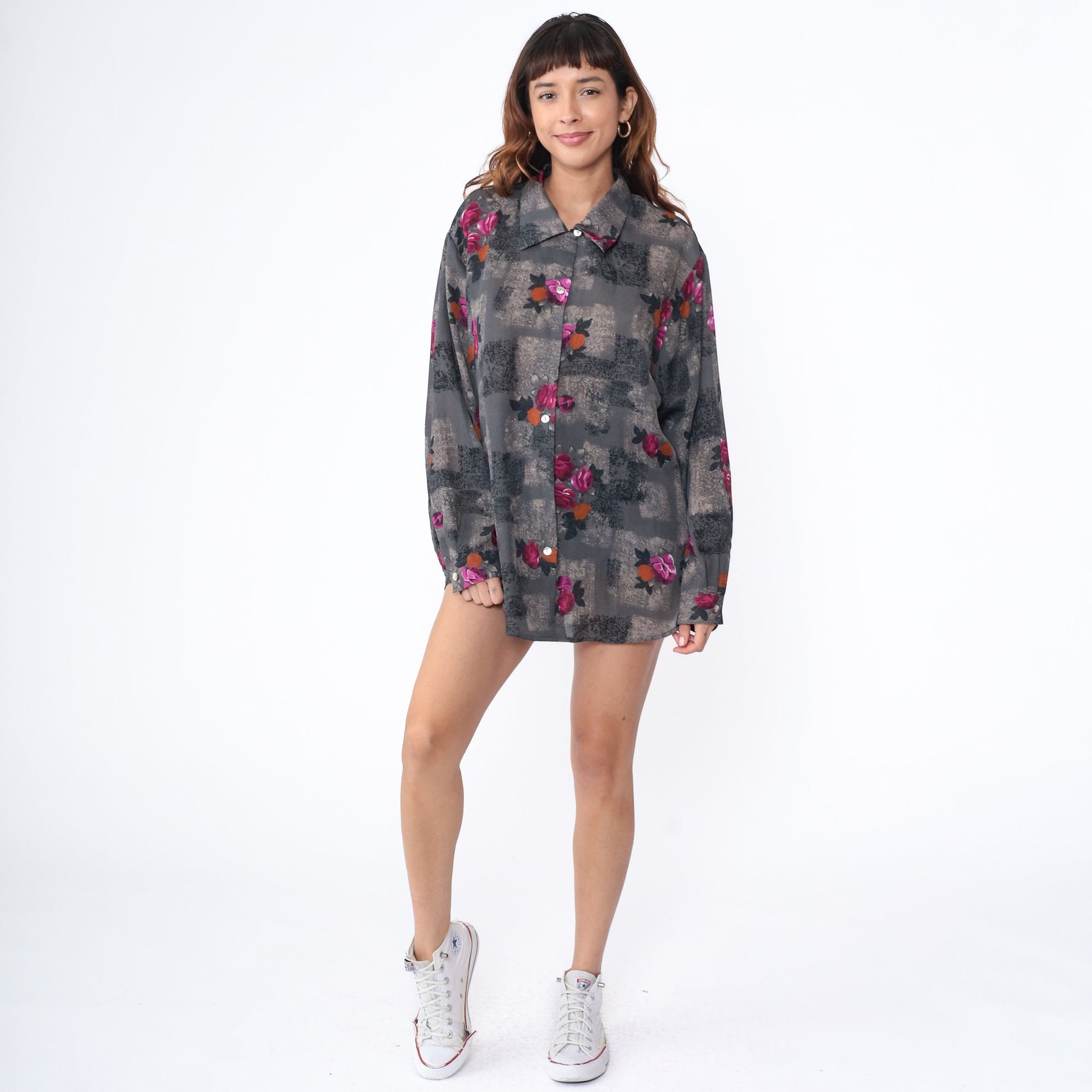 90s Grey Floral Button-Up Shirt Long Sleeve Geometric Print Plus Size XXL