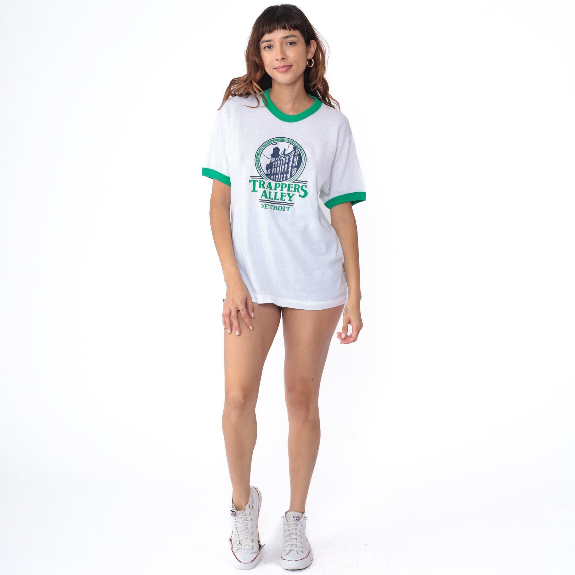 80s Trapper's Alley Detroit Ringer Tee Shirt Green Trim Graphic Medium Large