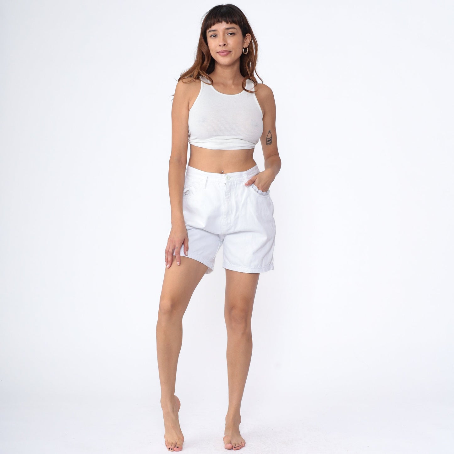 90s White Denim Shorts Floral Lace Trim High Waist Jean Shorts Small