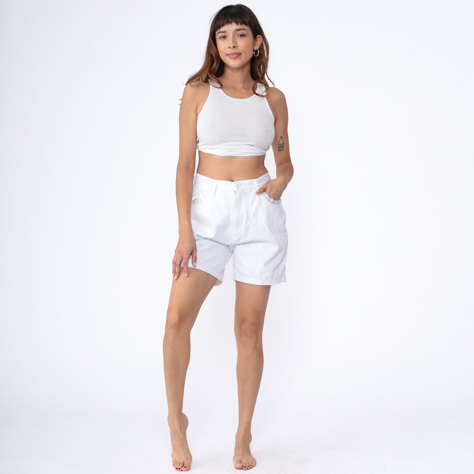 90s White Denim Shorts Floral Lace Trim High Waist Jean Shorts Small