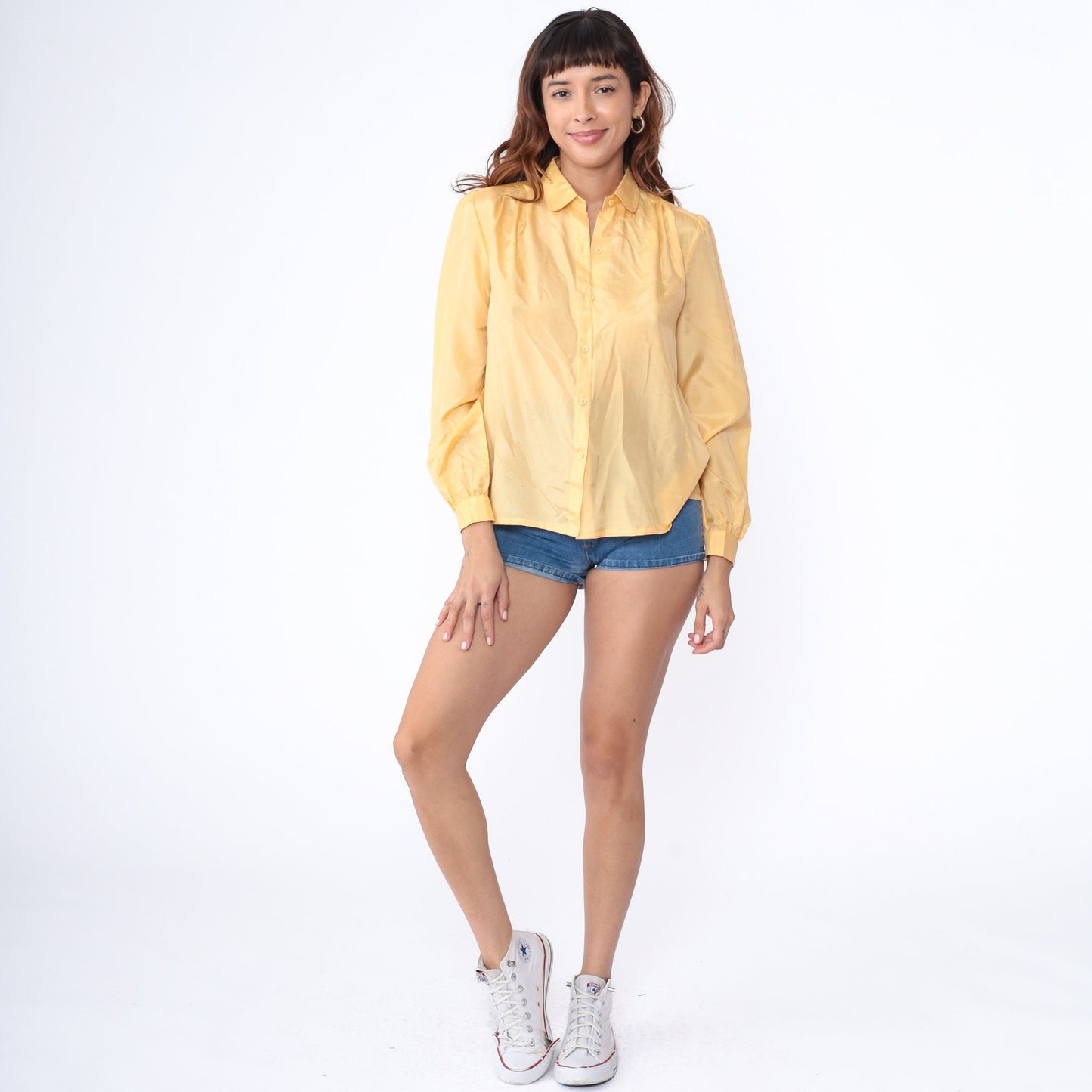 80s Adori Yellow Silk Puff Sleeve Button-Up Blouse Collar Medium