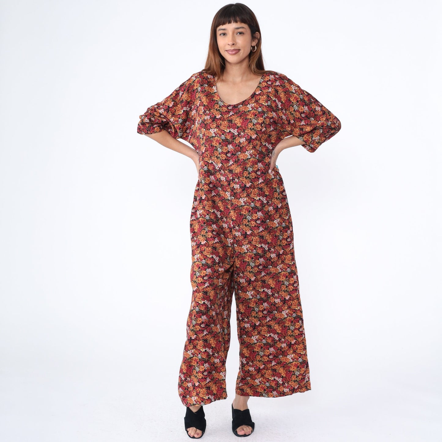 90s Red Orange Floral Rayon Jumpsuit Wide Leg Scoop Neck Medium