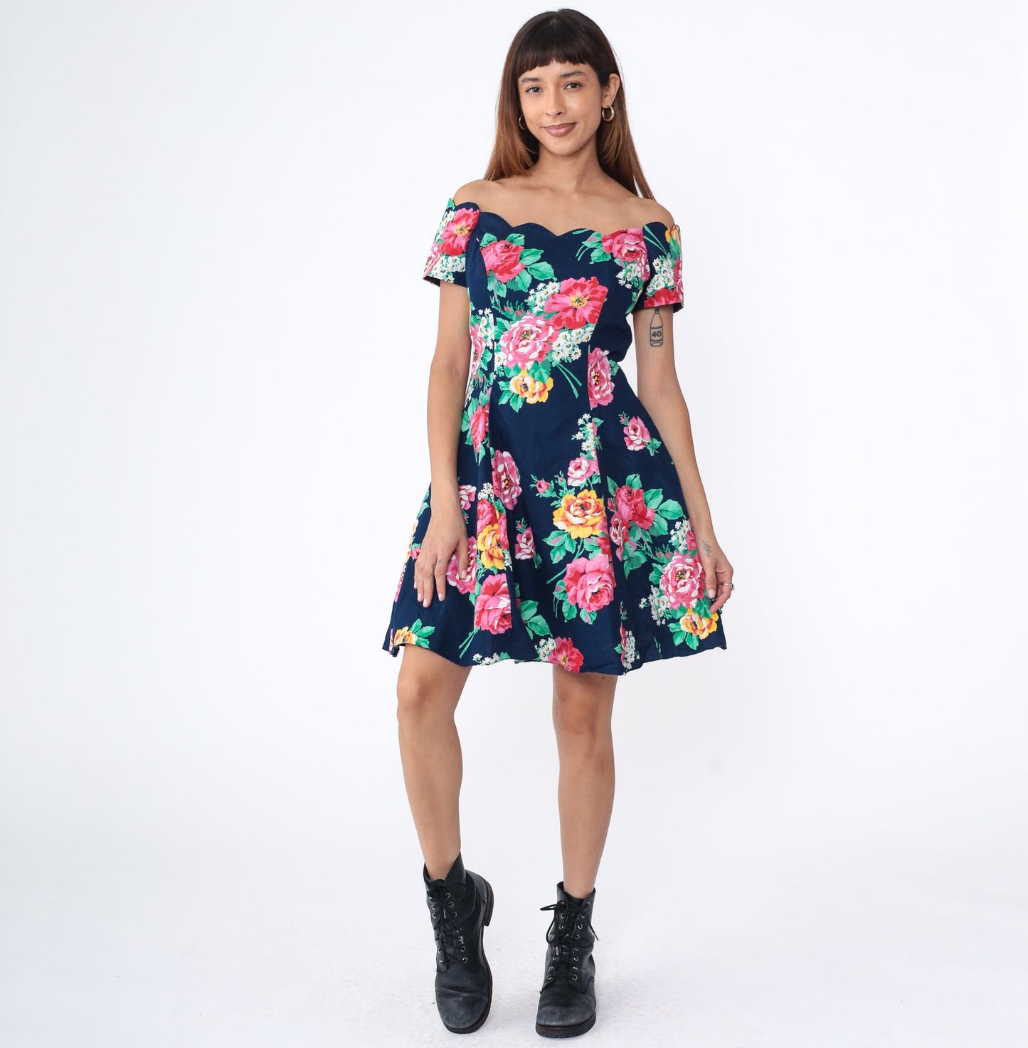 80s Floral Off-Shoulder Mini Dress Navy Blue Scalloped Neckline Small S