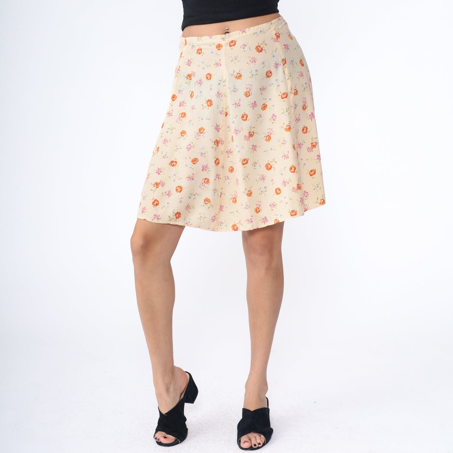 70s Yellow Gingham Floral Mini Skirt High Waist Zipper Medium